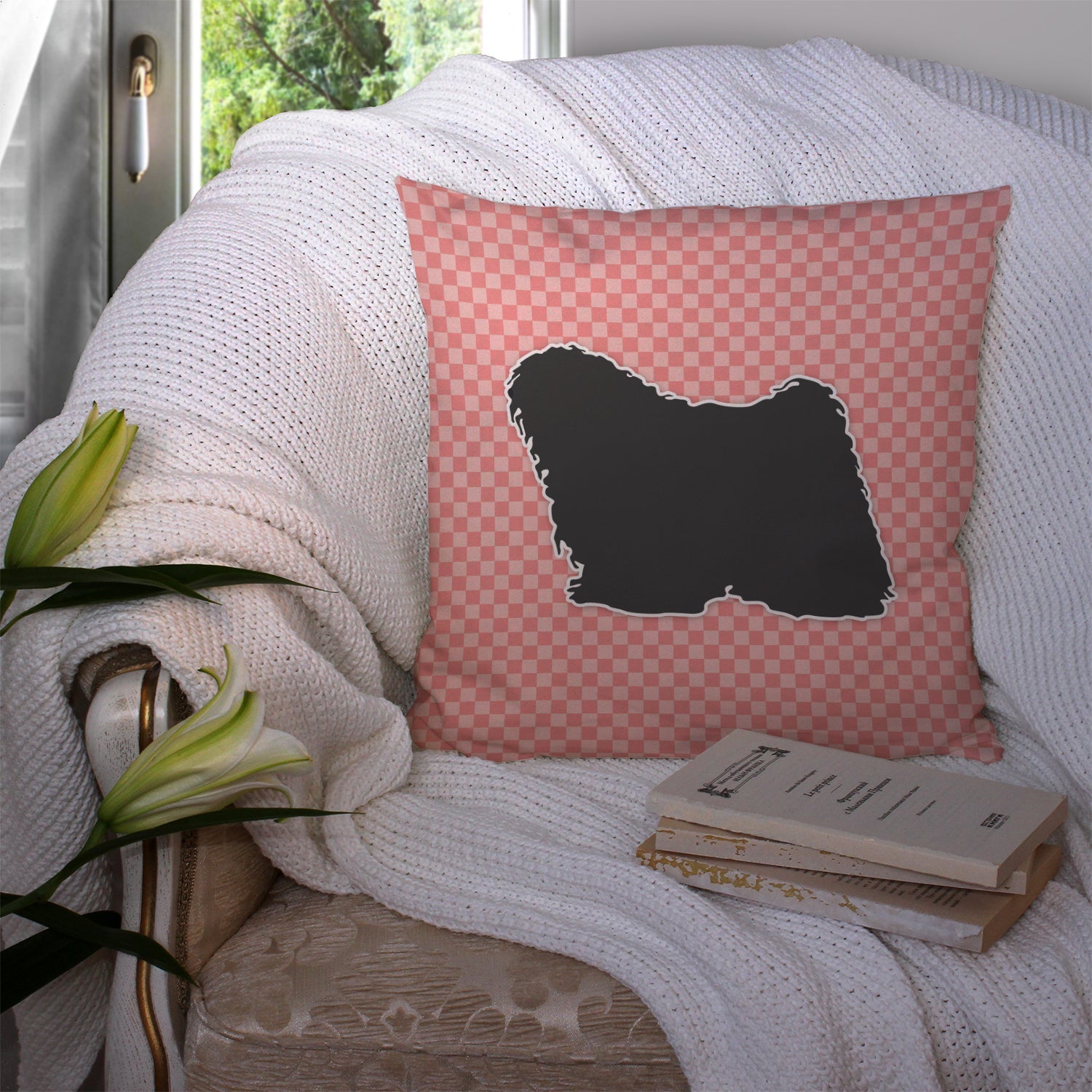 Puli Checkerboard Pink Decorative Throw Pillow 14x14 Indoor Outdoor Accent Cushion, Fabric Cover with Insert for Sofa, Bed, Porch & Living Room