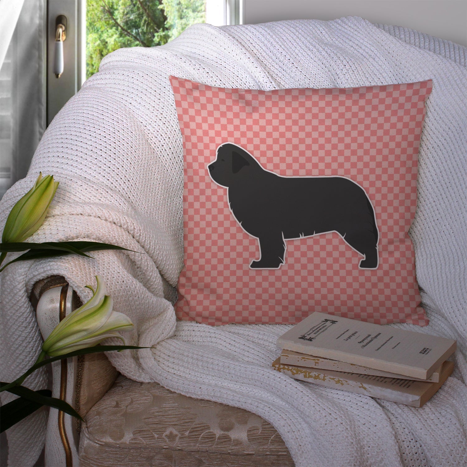 Newfoundland Checkerboard Pink Decorative Throw Pillow 14x14 Indoor Outdoor Accent Cushion, Fabric Cover with Insert for Sofa, Bed, Porch & Living Room