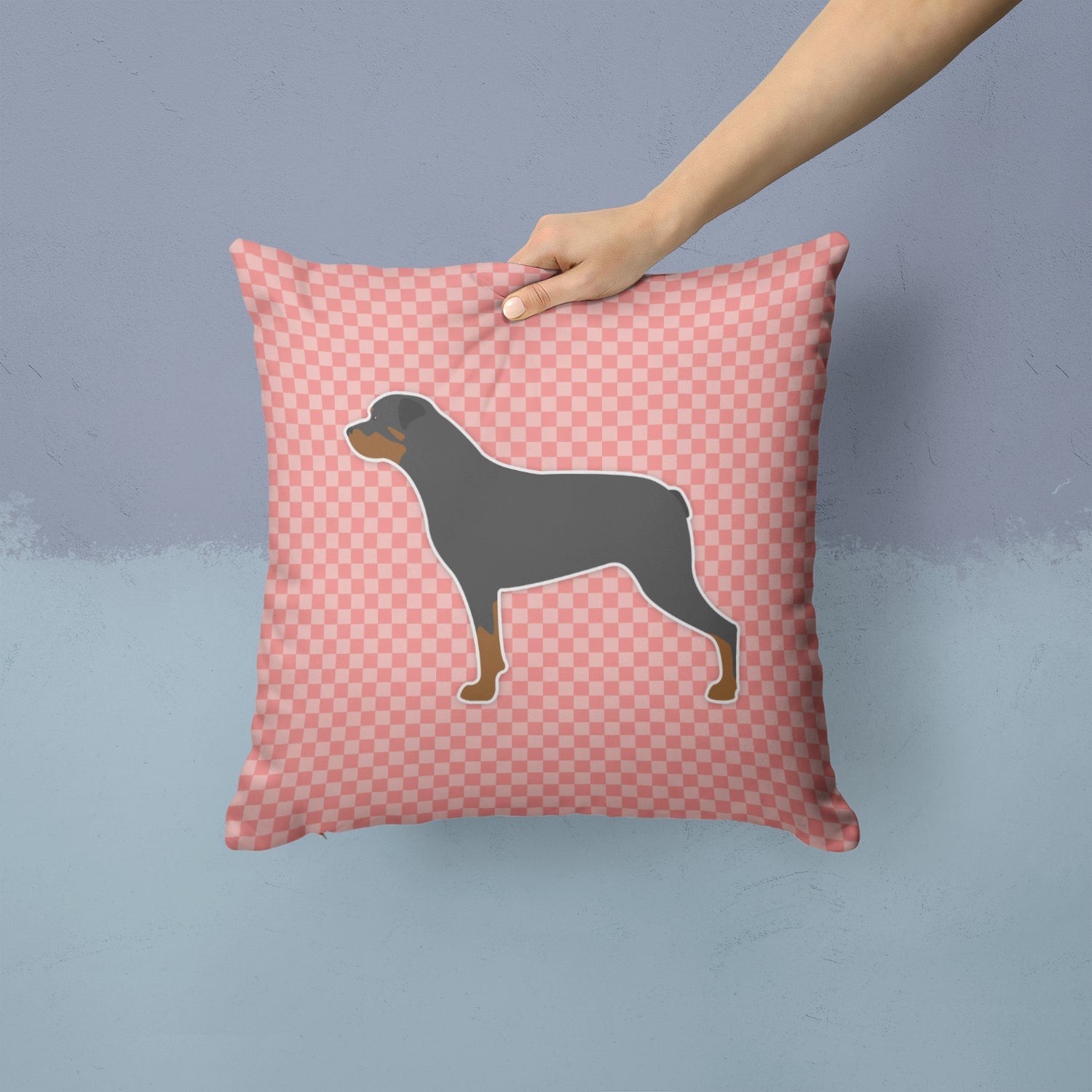 Rottweiler Checkerboard Pink Decorative Throw Pillow 14x14 Indoor Outdoor Accent Cushion, Fabric Cover with Insert for Sofa, Bed, Porch & Living Room