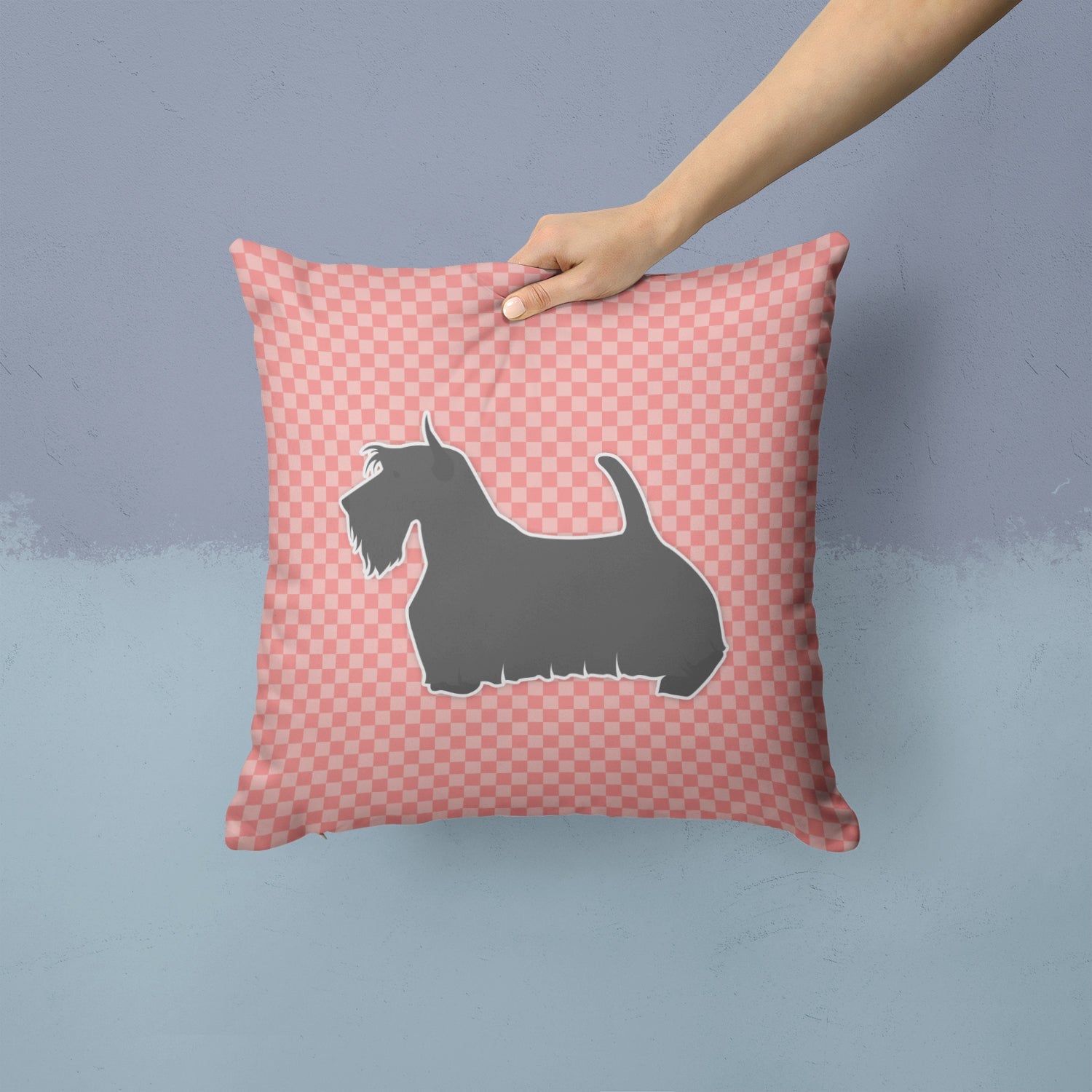Scottish Terrier Checkerboard Pink Decorative Throw Pillow 14x14 Indoor Outdoor Accent Cushion, Fabric Cover with Insert for Sofa, Bed, Porch & Living Room