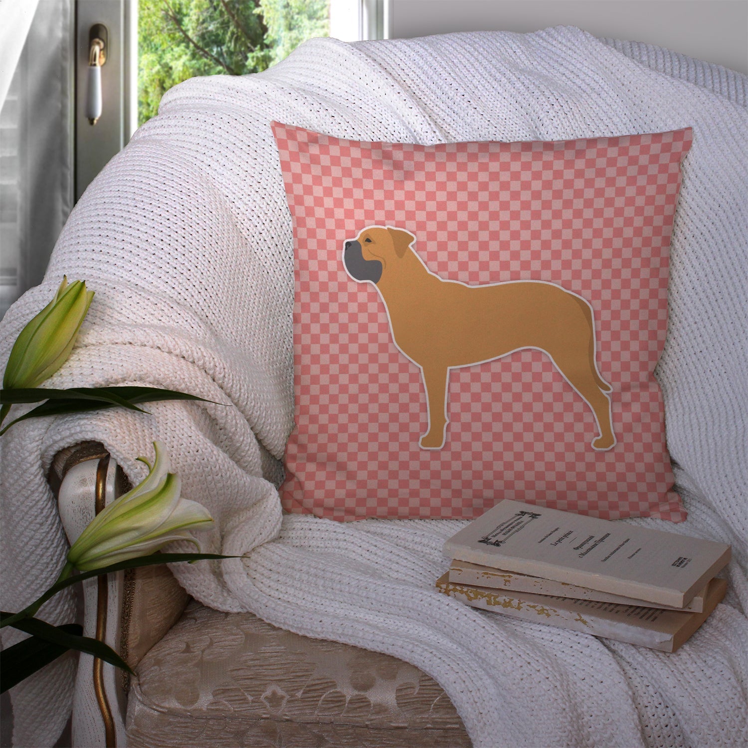 Bullmastiff Checkerboard Pink Decorative Throw Pillow 14x14 Indoor Outdoor Accent Cushion, Fabric Cover with Insert for Sofa, Bed, Porch & Living Room