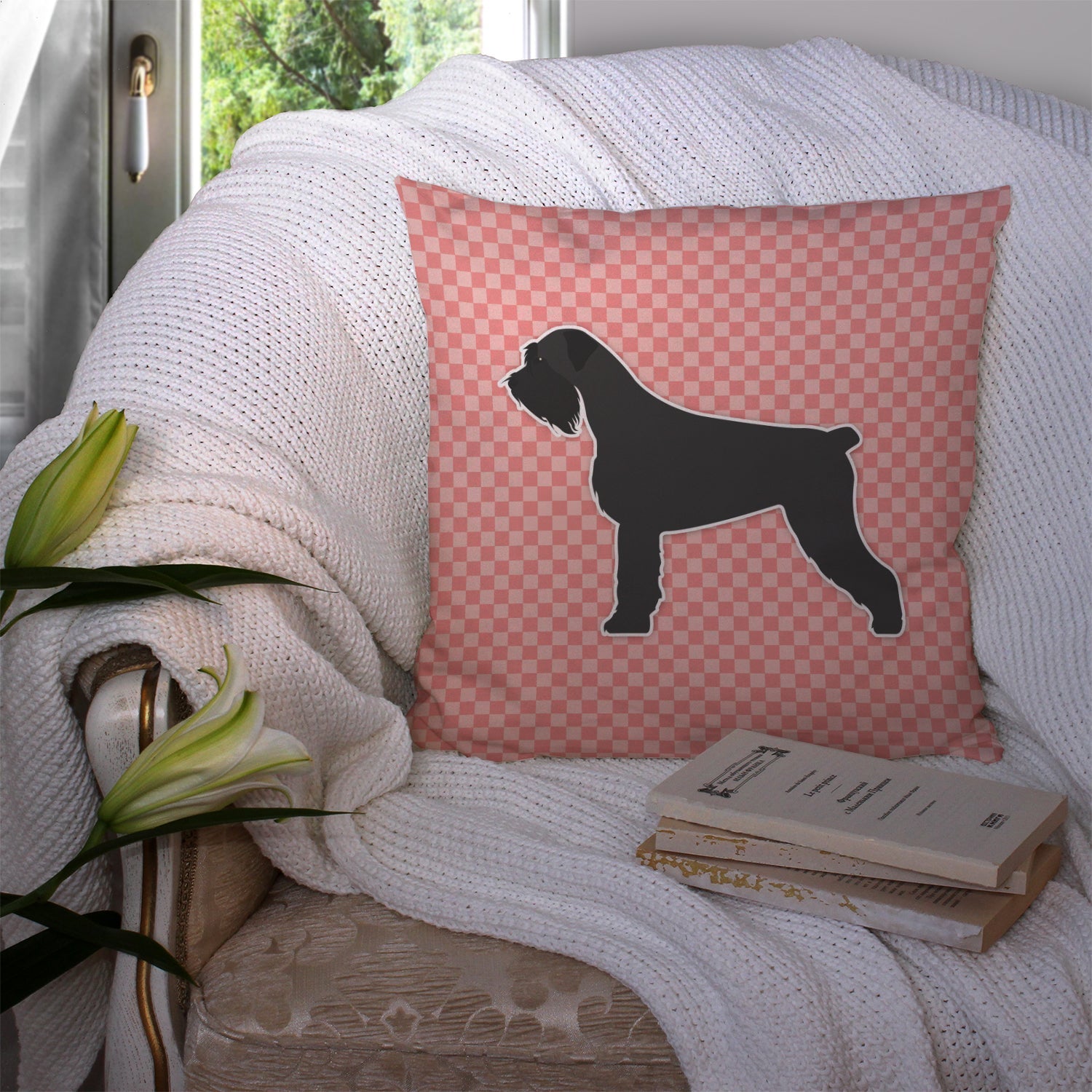 Giant Schnauzer Checkerboard Pink Decorative Throw Pillow 14x14 Indoor Outdoor Accent Cushion, Fabric Cover with Insert for Sofa, Bed, Porch & Living Room