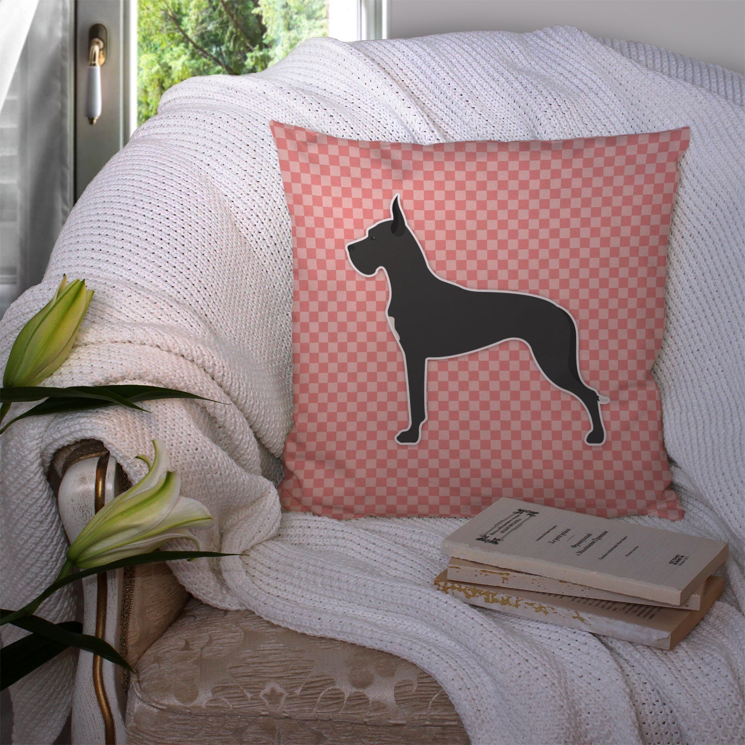 Great Dane Checkerboard Pink Decorative Throw Pillow 14x14 Indoor Outdoor Accent Cushion, Fabric Cover with Insert for Sofa, Bed, Porch & Living Room