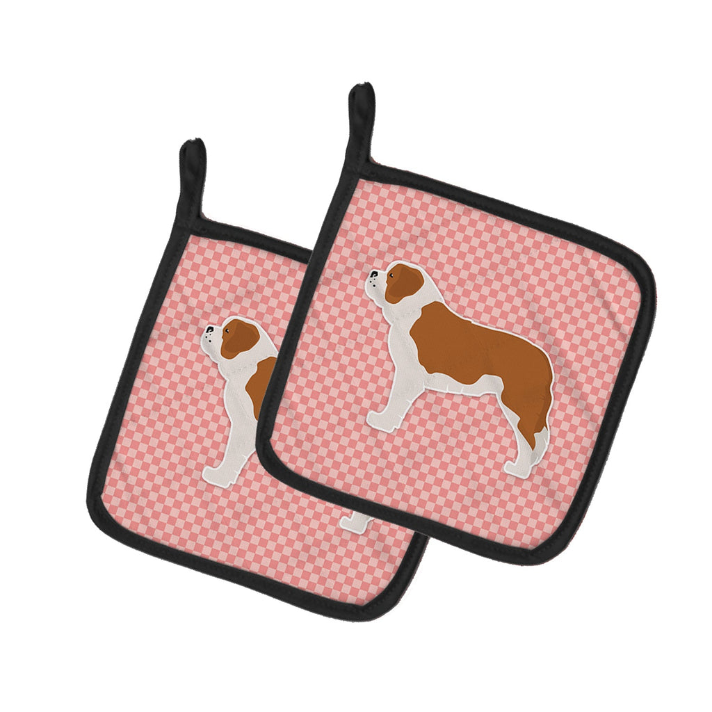 Saint Bernard Checkerboard Pink Pot Holder Set of 2 Heat Resistant Quilted Hot Pads 7.5 x 7.5 Inch, Insulated Kitchen Trivets for Cooking & Baking