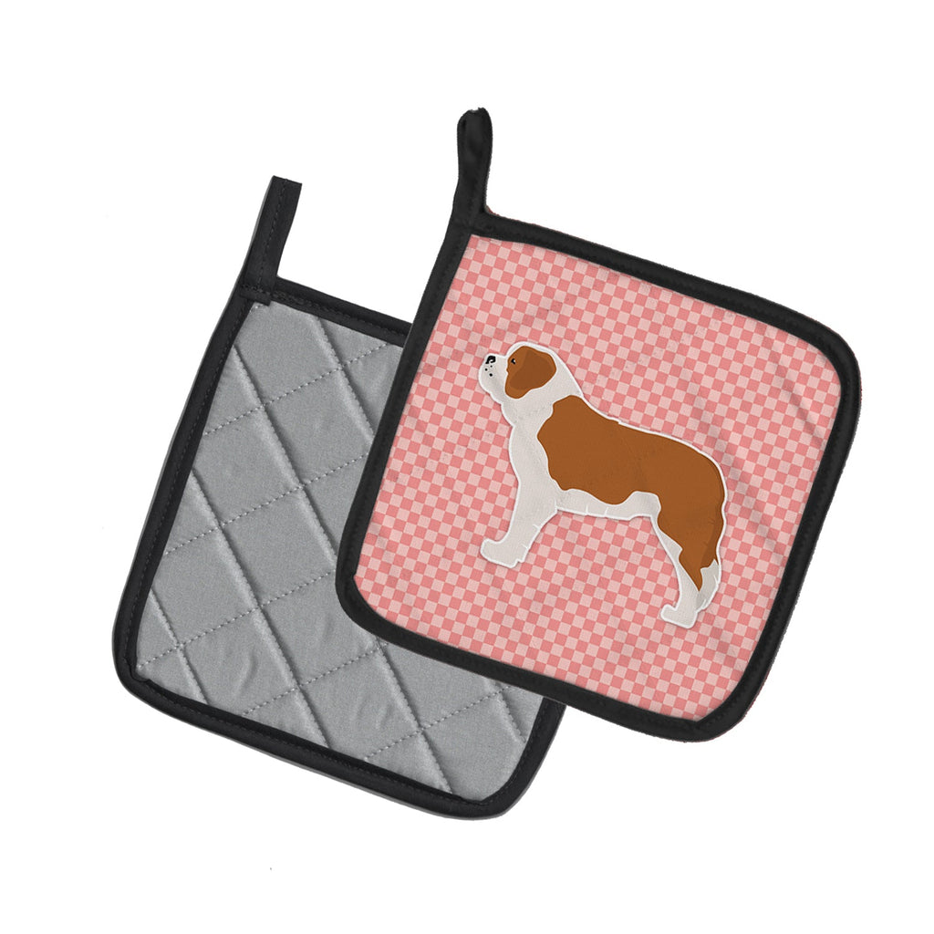 Saint Bernard Checkerboard Pink Pot Holder Set of 2 Heat Resistant Quilted Hot Pads 7.5 x 7.5 Inch, Insulated Kitchen Trivets for Cooking & Baking
