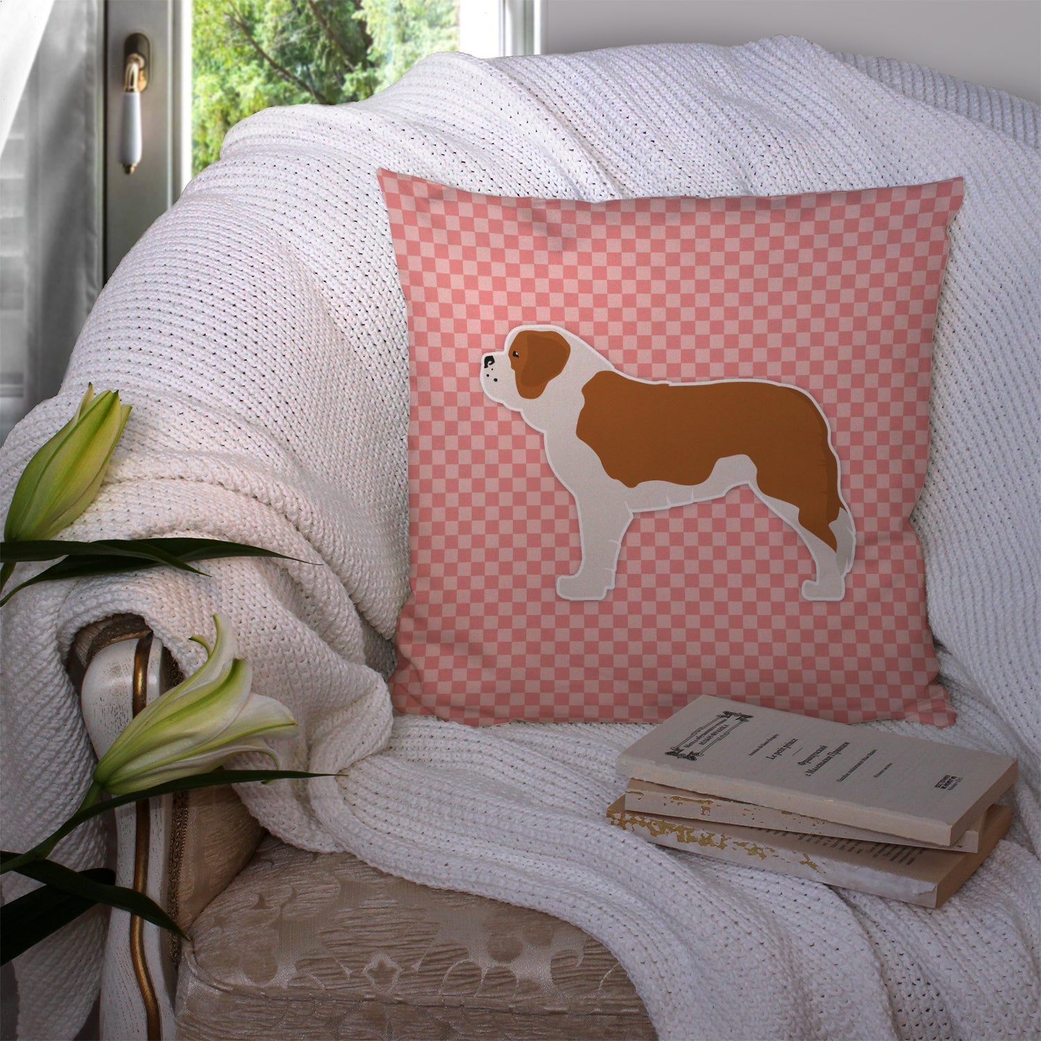Saint Bernard Checkerboard Pink Decorative Throw Pillow 14x14 Indoor Outdoor Accent Cushion, Fabric Cover with Insert for Sofa, Bed, Porch & Living Room