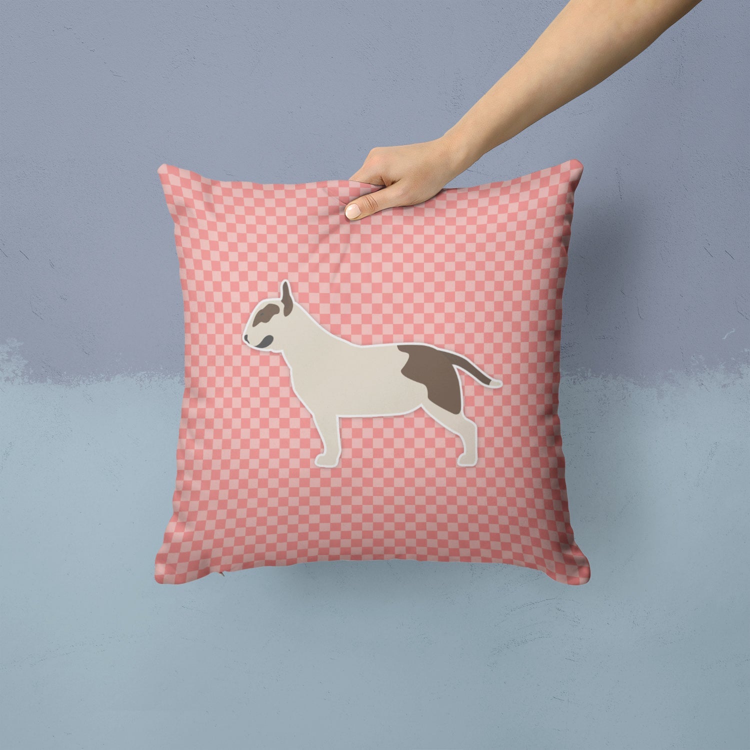 Bull Terrier Checkerboard Pink Decorative Throw Pillow 14x14 Indoor Outdoor Accent Cushion, Fabric Cover with Insert for Sofa, Bed, Porch & Living Room