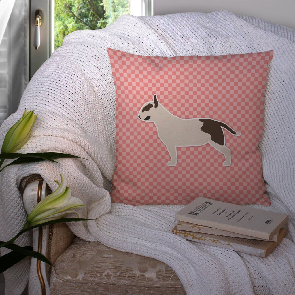 Bull Terrier Checkerboard Pink Decorative Throw Pillow 14x14 Indoor Outdoor Accent Cushion, Fabric Cover with Insert for Sofa, Bed, Porch & Living Room