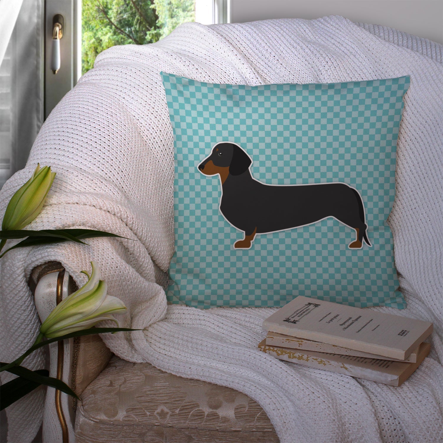 Dachshund  Checkerboard Blue Decorative Throw Pillow 14x14 Indoor Outdoor Accent Cushion, Fabric Cover with Insert for Sofa, Bed, Porch & Living Room