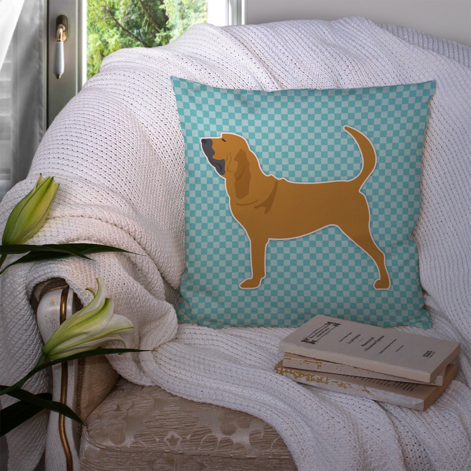 Bloodhound  Checkerboard Blue Decorative Throw Pillow 14x14 Indoor Outdoor Accent Cushion, Fabric Cover with Insert for Sofa, Bed, Porch & Living Room