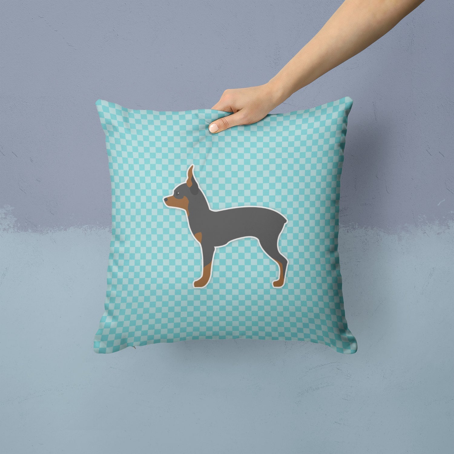Toy Fox Terrier  Checkerboard Blue Decorative Throw Pillow 14x14 Indoor Outdoor Accent Cushion, Fabric Cover with Insert for Sofa, Bed, Porch & Living Room