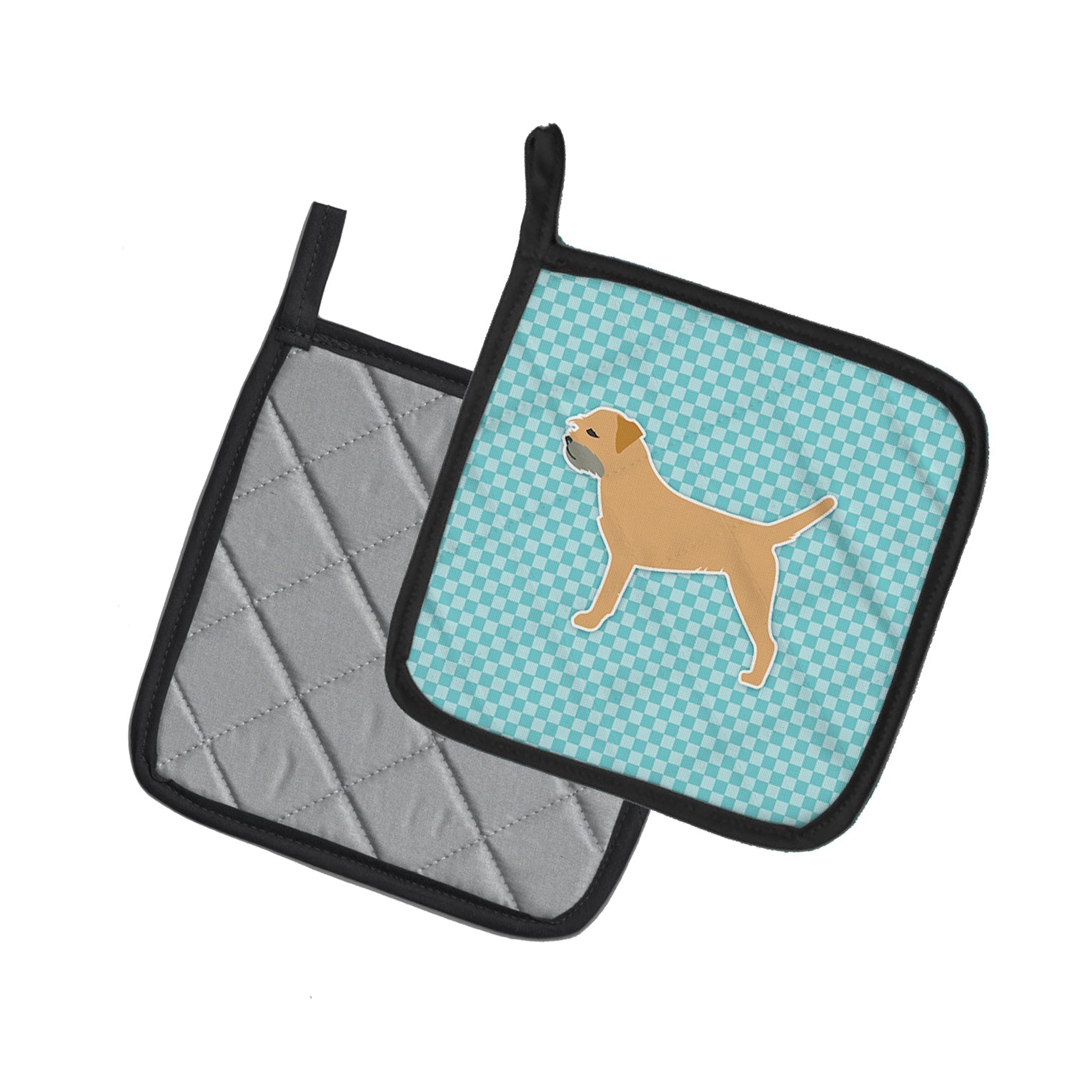 Border Terrier  Checkerboard Blue Pot Holder Set of 2 Heat Resistant Quilted Hot Pads 7.5 x 7.5 Inch, Insulated Kitchen Trivets for Cooking & Baking