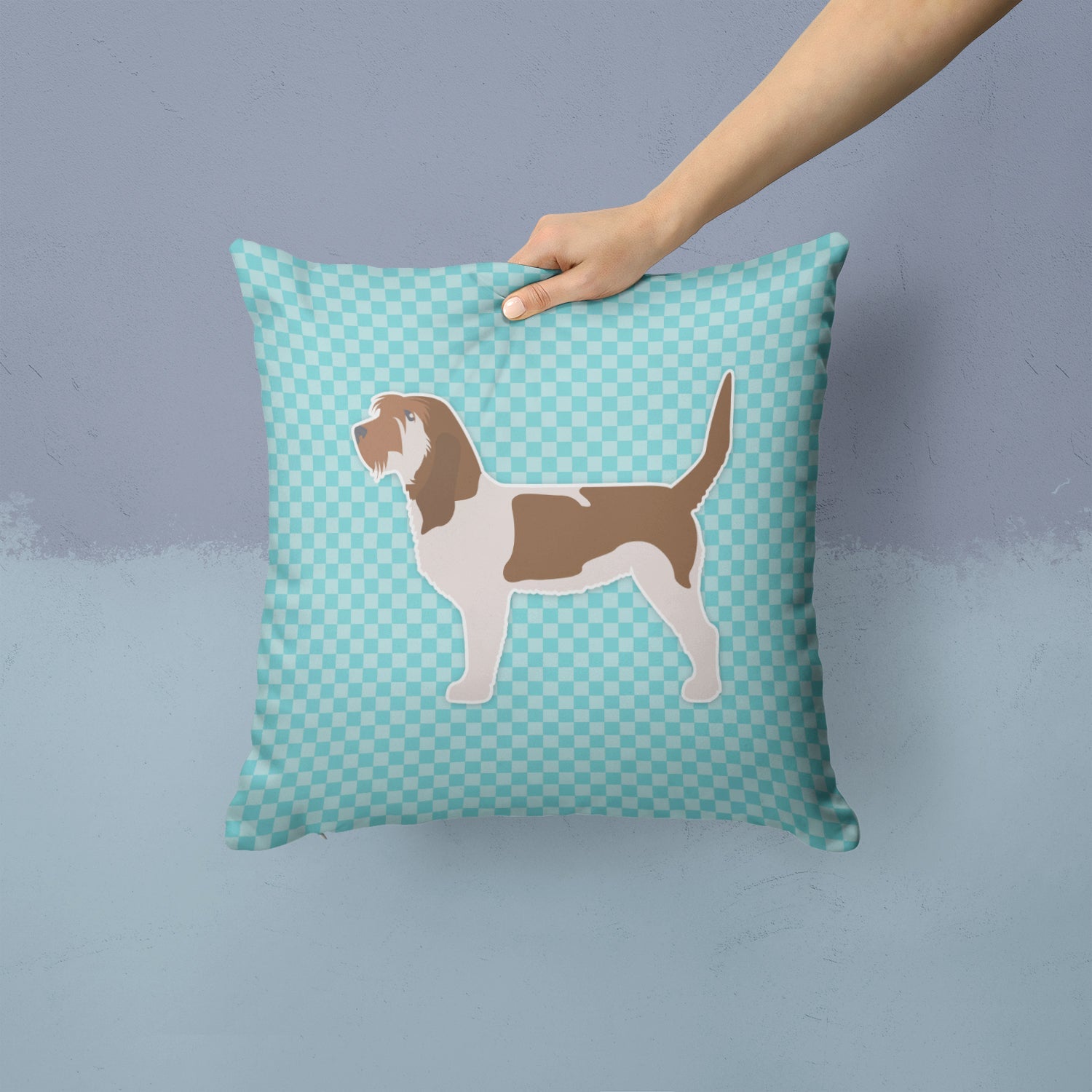 Grand Basset Griffon Vendeen  Checkerboard Blue Decorative Throw Pillow 14x14 Indoor Outdoor Accent Cushion, Fabric Cover with Insert for Sofa, Bed, Porch & Living Room