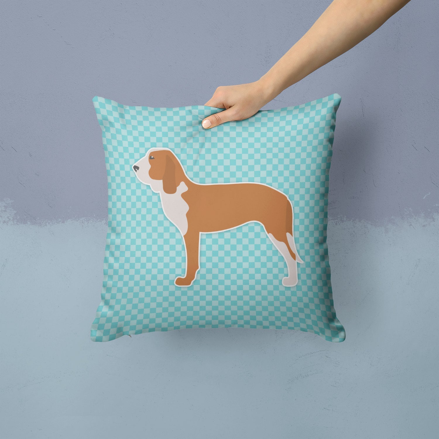 Spanish Hound  Checkerboard Blue Decorative Throw Pillow 14x14 Indoor Outdoor Accent Cushion, Fabric Cover with Insert for Sofa, Bed, Porch & Living Room