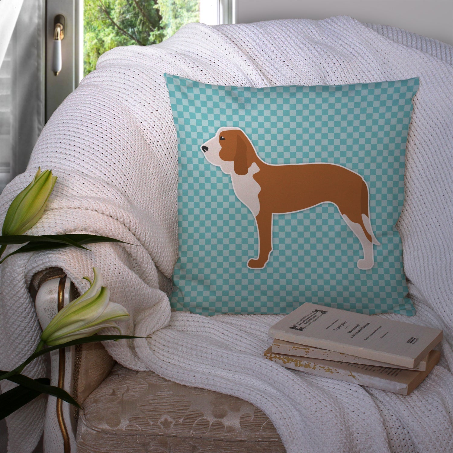 Spanish Hound  Checkerboard Blue Decorative Throw Pillow 14x14 Indoor Outdoor Accent Cushion, Fabric Cover with Insert for Sofa, Bed, Porch & Living Room