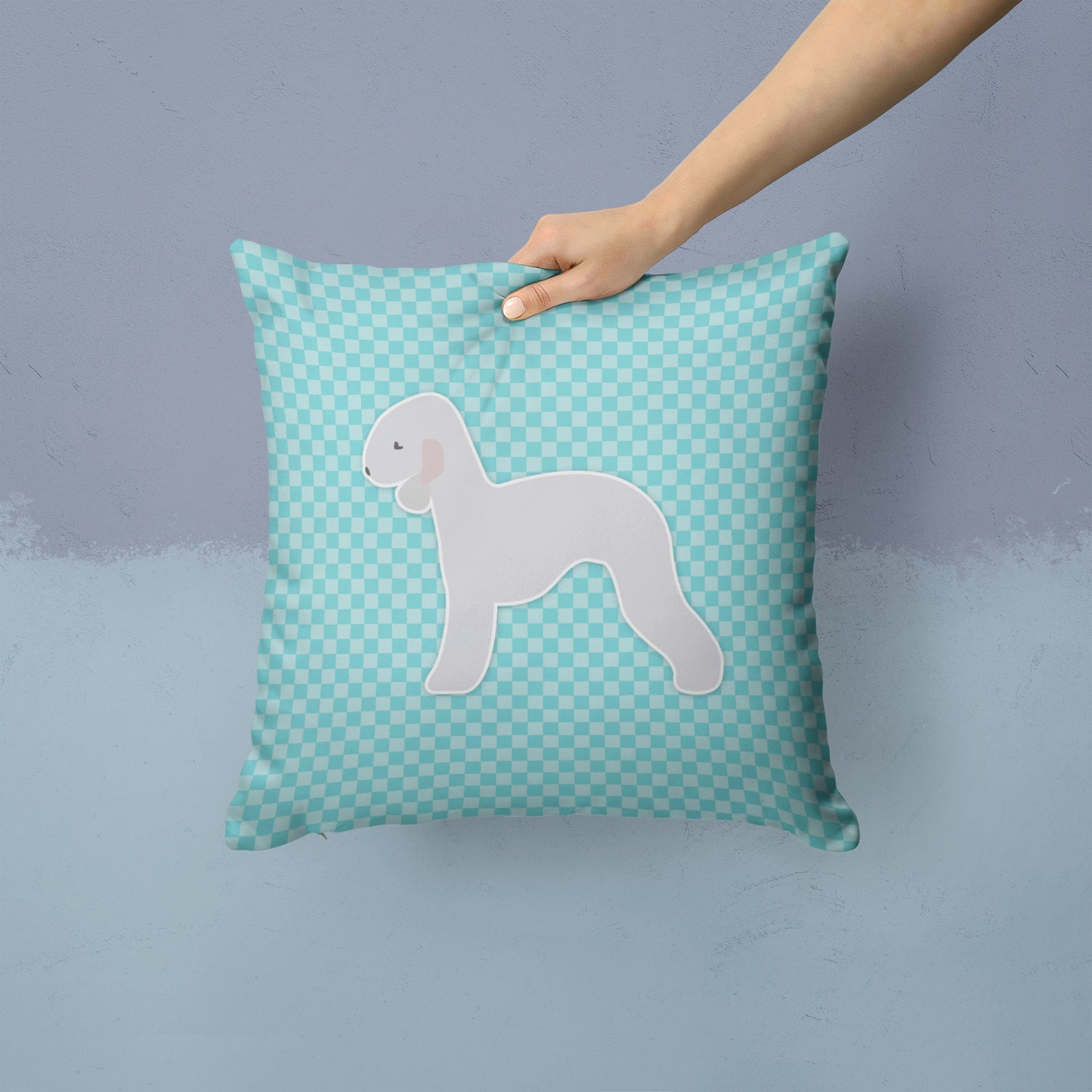 Bedlington Terrier  Checkerboard Blue Decorative Throw Pillow 14x14 Indoor Outdoor Accent Cushion, Fabric Cover with Insert for Sofa, Bed, Porch & Living Room