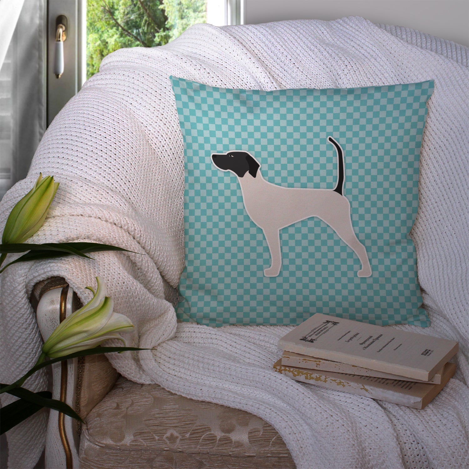 English Pointer  Checkerboard Blue Decorative Throw Pillow 14x14 Indoor Outdoor Accent Cushion, Fabric Cover with Insert for Sofa, Bed, Porch & Living Room
