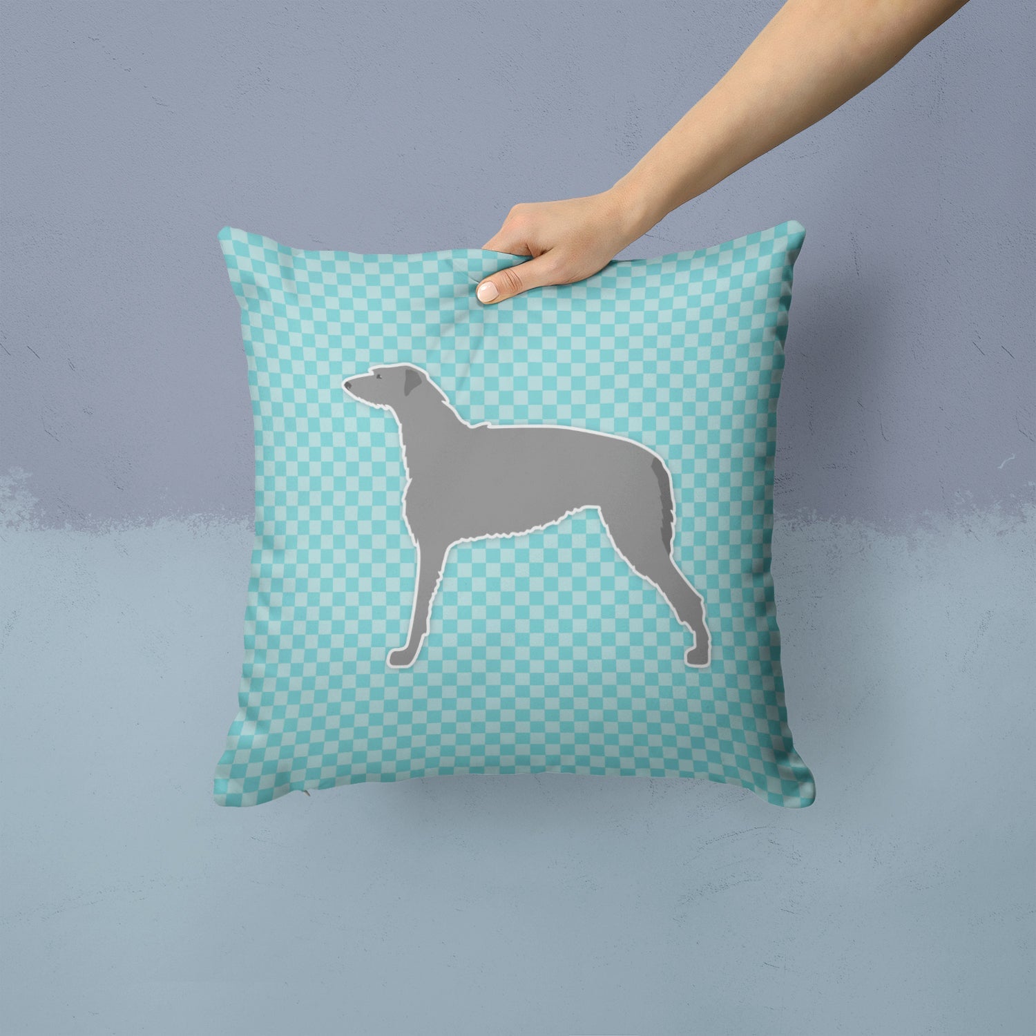 Scottish Deerhound  Checkerboard Blue Decorative Throw Pillow 14x14 Indoor Outdoor Accent Cushion, Fabric Cover with Insert for Sofa, Bed, Porch & Living Room