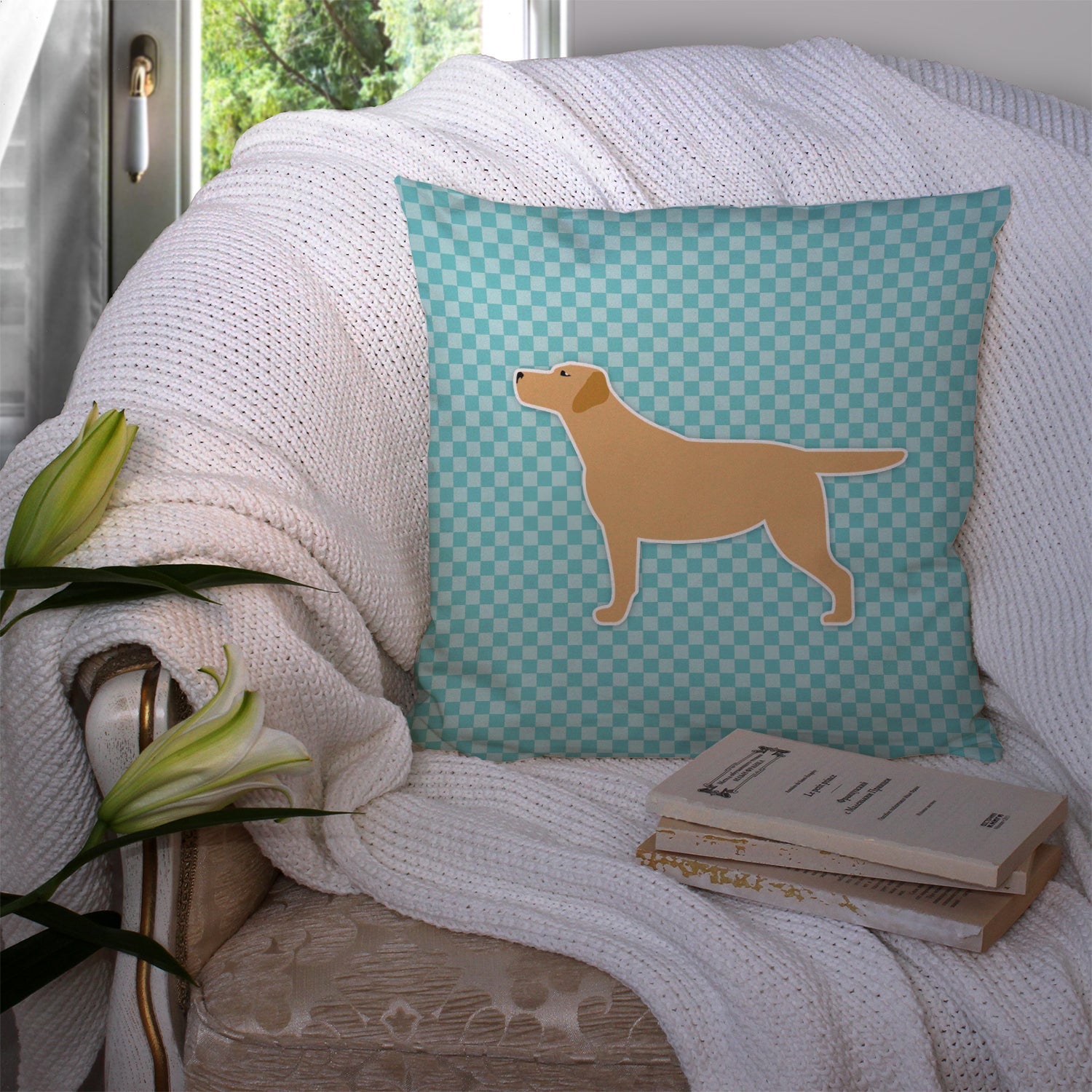 Yellow Labrador Retriever  Checkerboard Blue Decorative Throw Pillow 14x14 Indoor Outdoor Accent Cushion, Fabric Cover with Insert for Sofa, Bed, Porch & Living Room