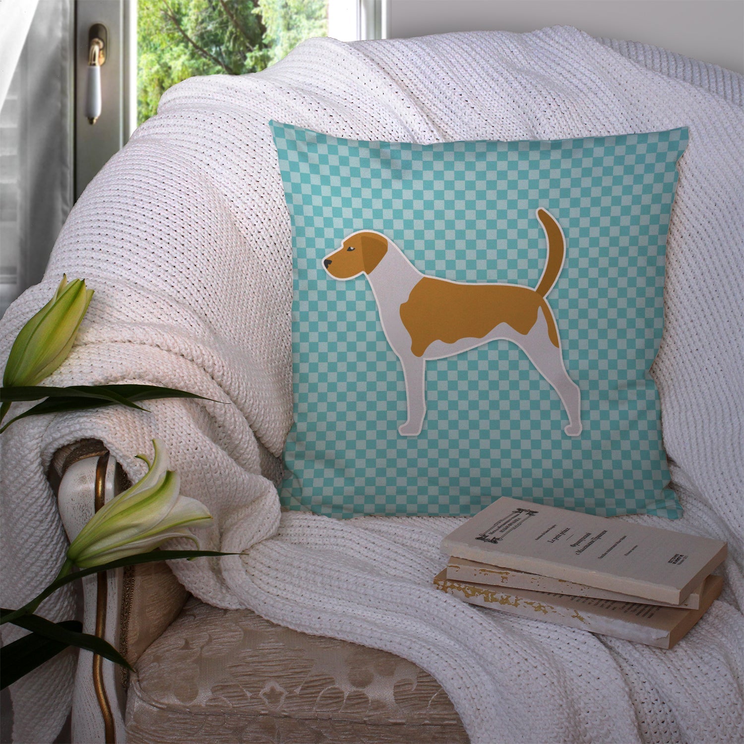 American Foxhound  Checkerboard Blue Decorative Throw Pillow 14x14 Indoor Outdoor Accent Cushion, Fabric Cover with Insert for Sofa, Bed, Porch & Living Room