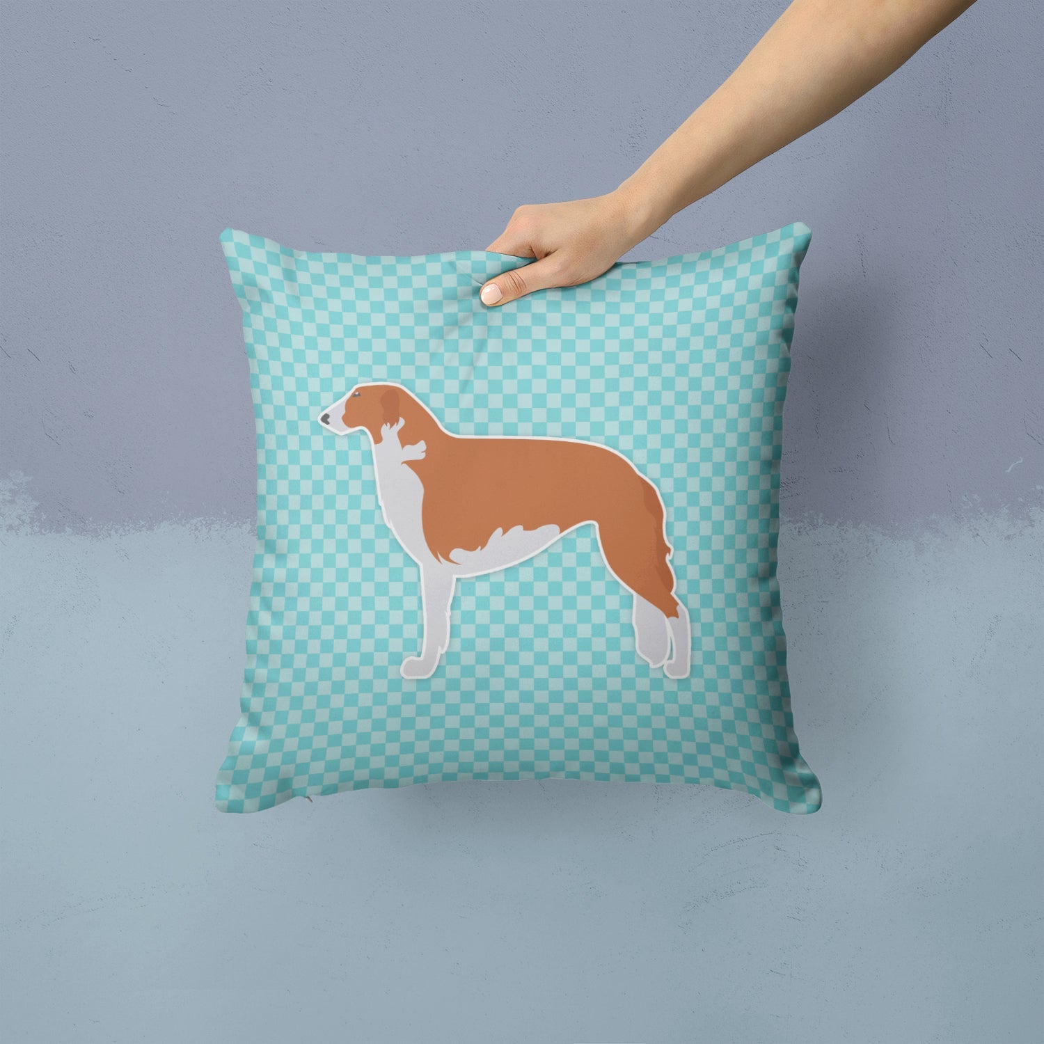 Borzoi Russian Greyhound  Checkerboard Blue Decorative Throw Pillow 14x14 Indoor Outdoor Accent Cushion, Fabric Cover with Insert for Sofa, Bed, Porch & Living Room