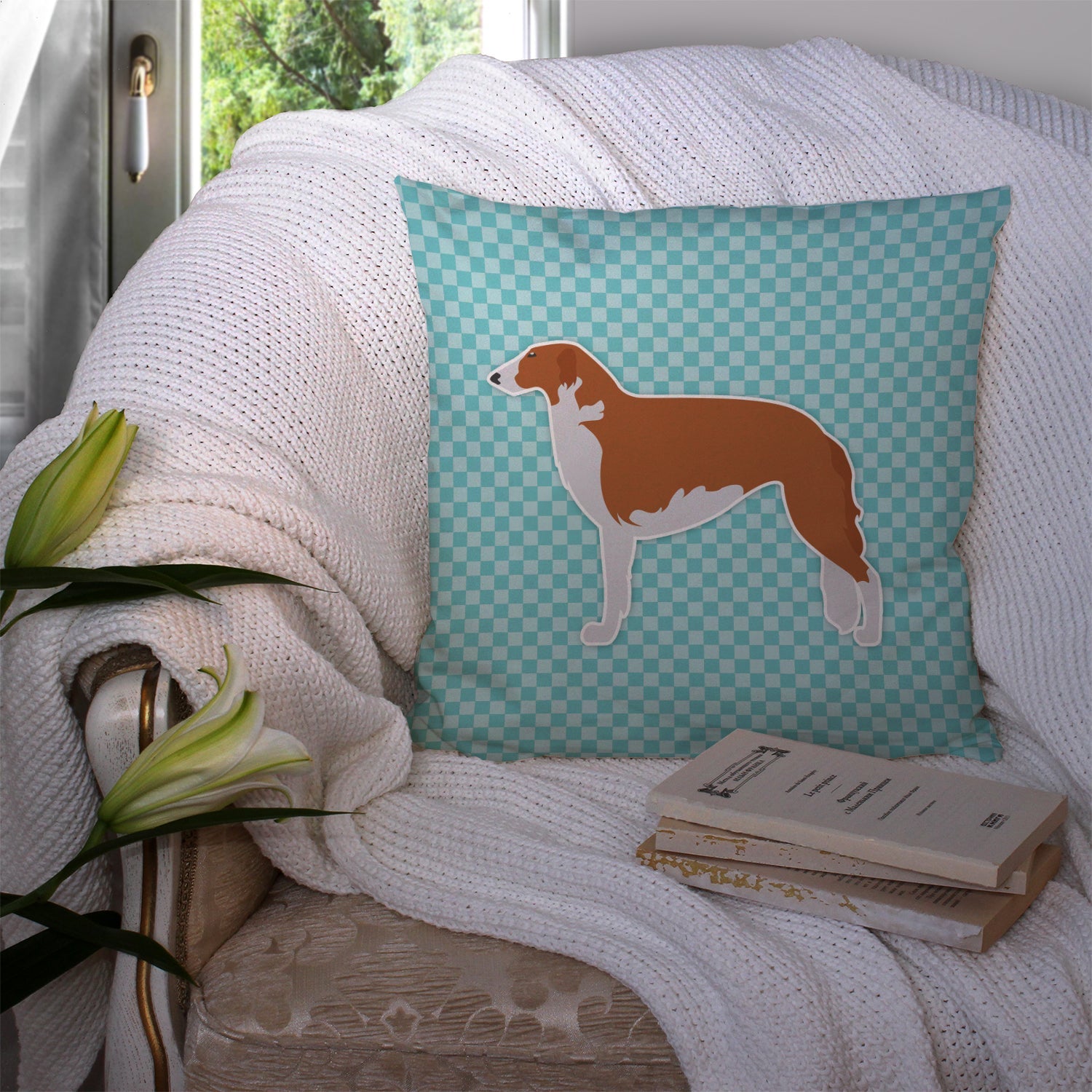 Borzoi Russian Greyhound  Checkerboard Blue Decorative Throw Pillow 14x14 Indoor Outdoor Accent Cushion, Fabric Cover with Insert for Sofa, Bed, Porch & Living Room