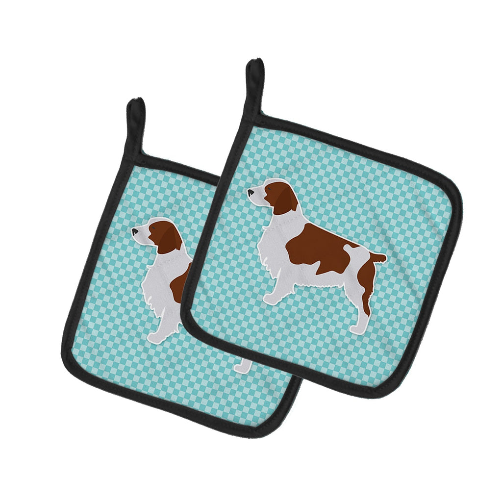 Welsh Springer Spaniel  Checkerboard Blue Pot Holder Set of 2 Heat Resistant Quilted Hot Pads 7.5 x 7.5 Inch, Insulated Kitchen Trivets for Cooking & Baking