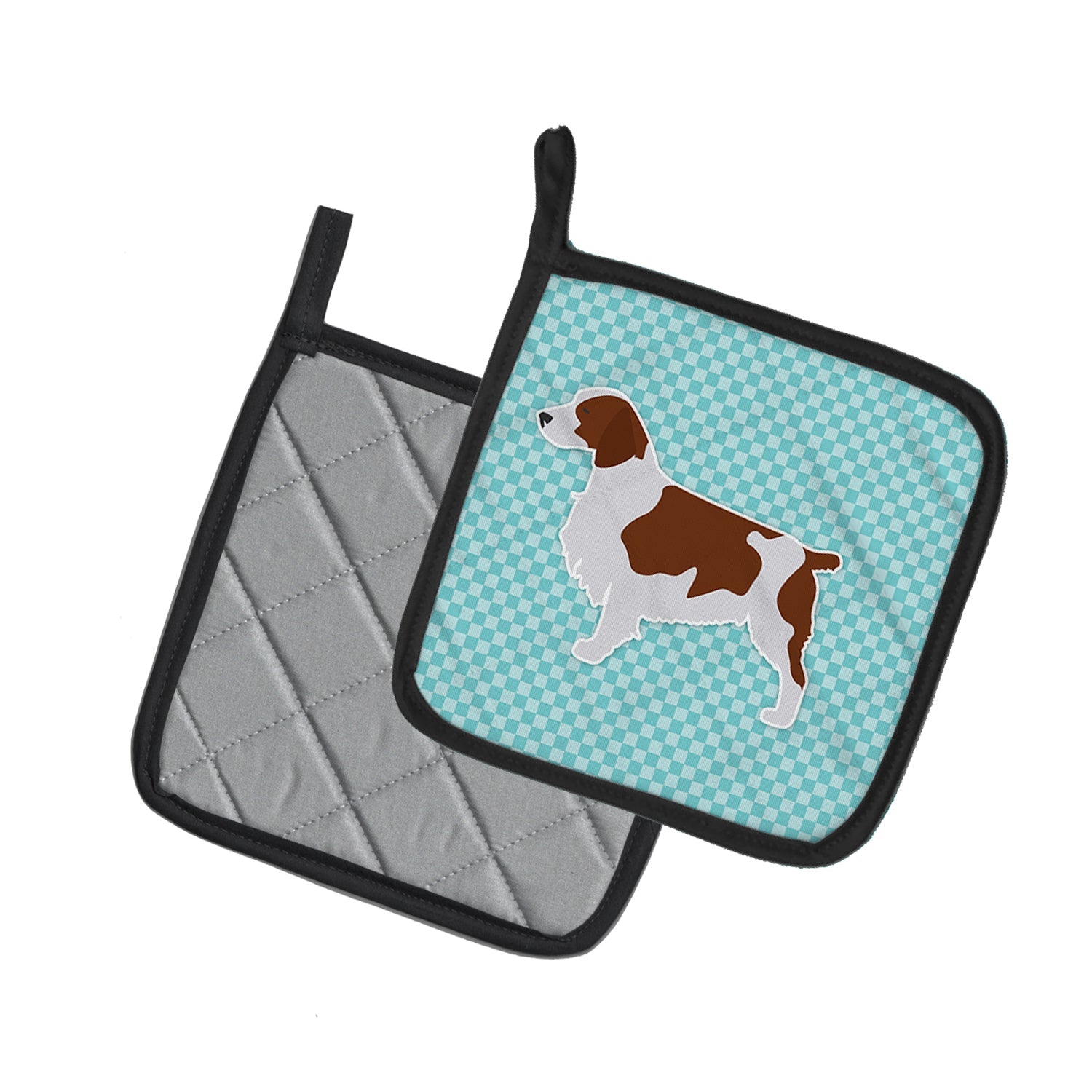 Welsh Springer Spaniel  Checkerboard Blue Pot Holder Set of 2 Heat Resistant Quilted Hot Pads 7.5 x 7.5 Inch, Insulated Kitchen Trivets for Cooking & Baking