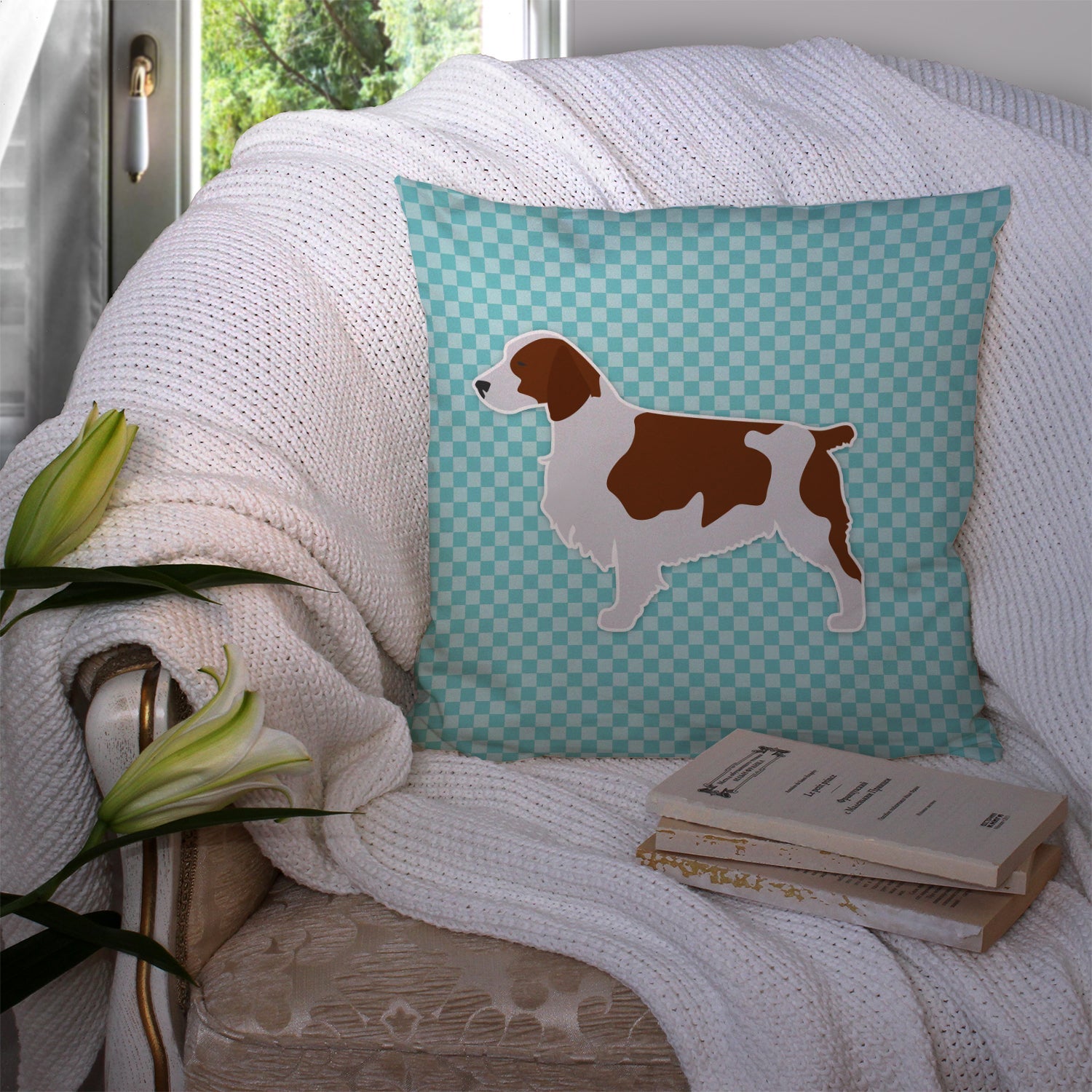 Welsh Springer Spaniel  Checkerboard Blue Decorative Throw Pillow 14x14 Indoor Outdoor Accent Cushion, Fabric Cover with Insert for Sofa, Bed, Porch & Living Room