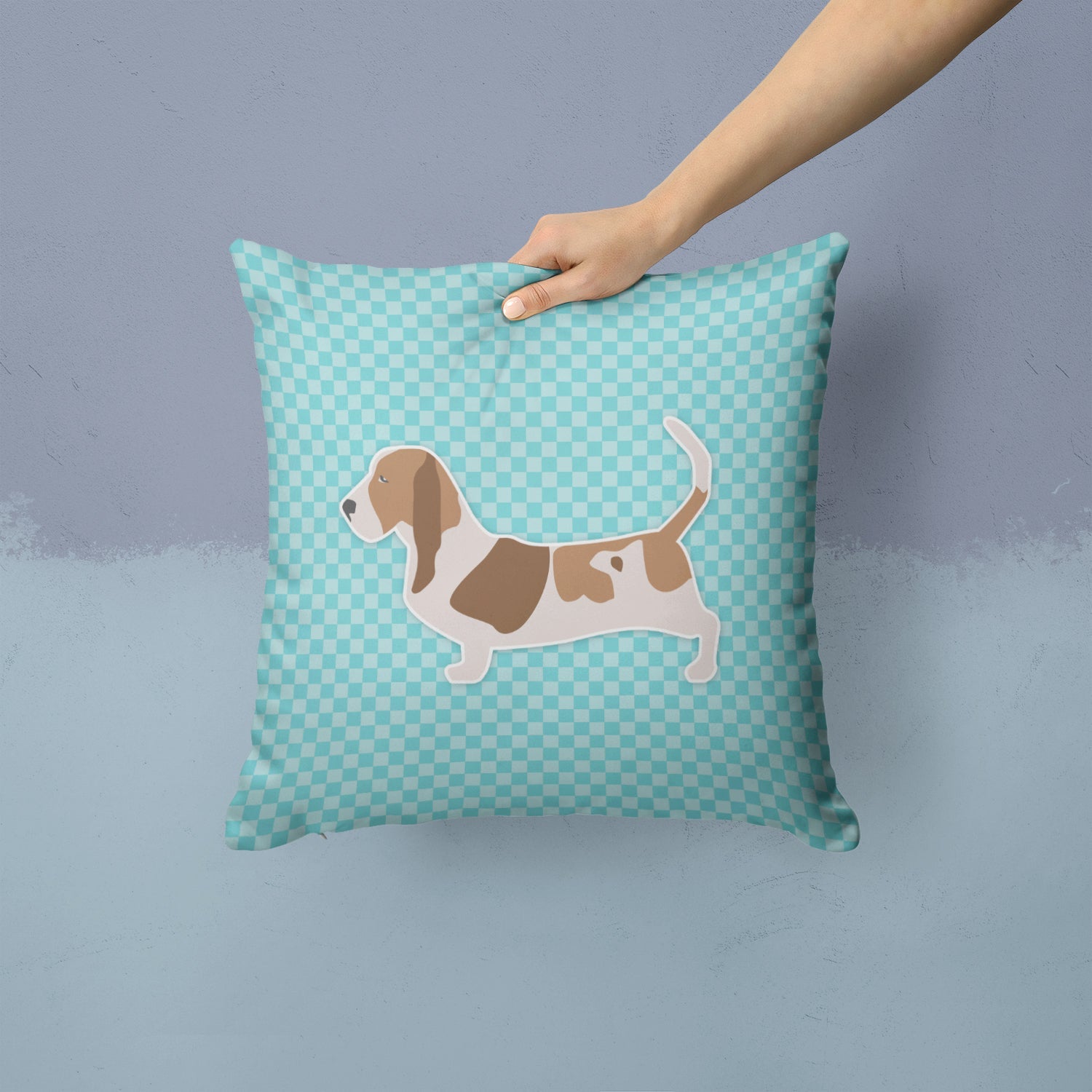Basset Hound  Checkerboard Blue Decorative Throw Pillow 14x14 Indoor Outdoor Accent Cushion, Fabric Cover with Insert for Sofa, Bed, Porch & Living Room