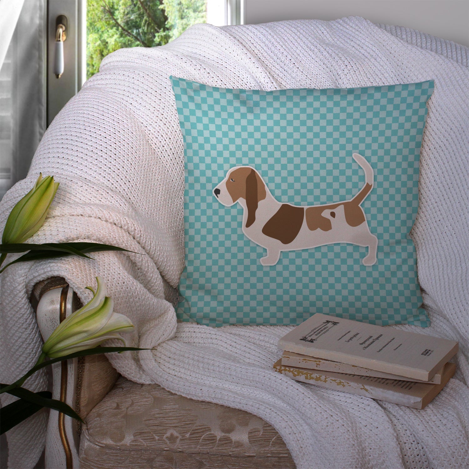 Basset Hound  Checkerboard Blue Decorative Throw Pillow 14x14 Indoor Outdoor Accent Cushion, Fabric Cover with Insert for Sofa, Bed, Porch & Living Room