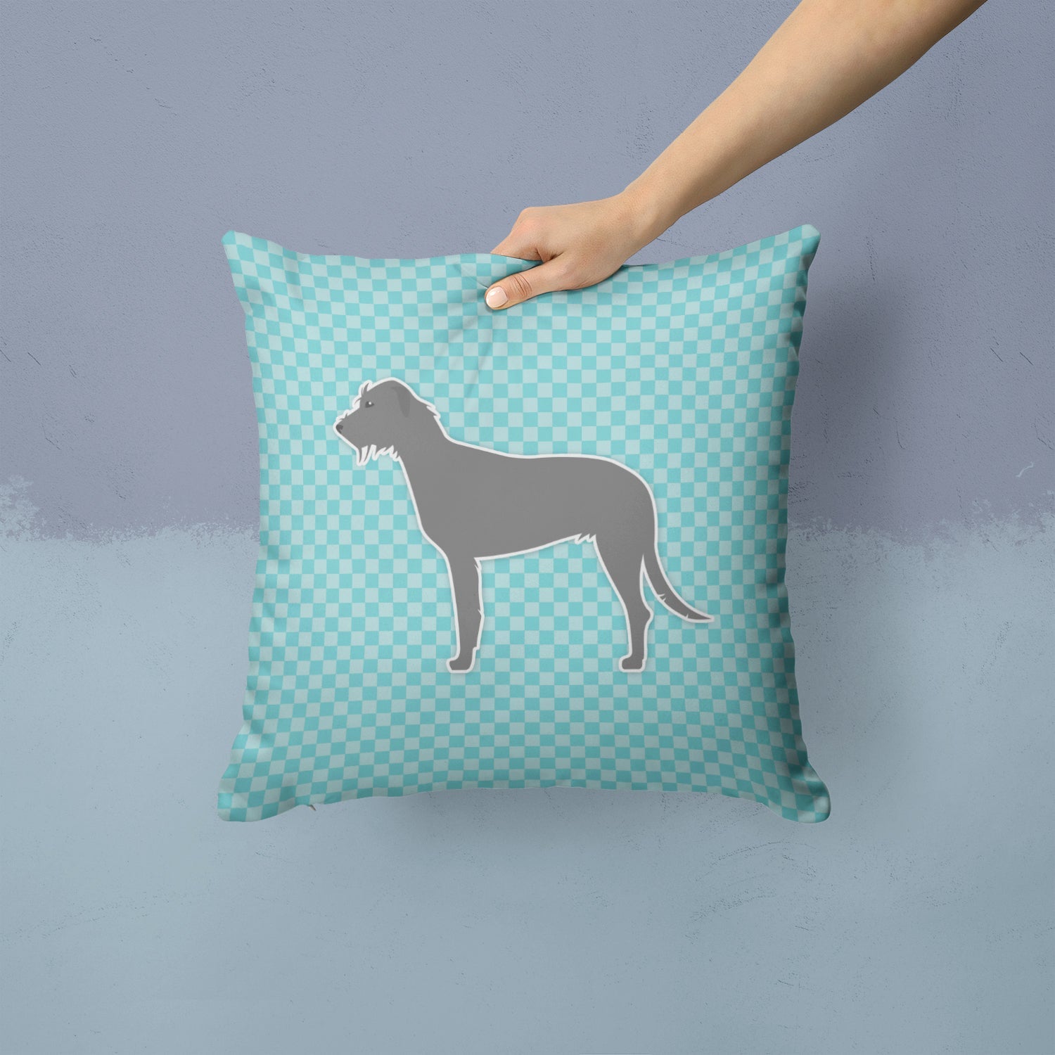 Irish Wolfhound  Checkerboard Blue Decorative Throw Pillow 14x14 Indoor Outdoor Accent Cushion, Fabric Cover with Insert for Sofa, Bed, Porch & Living Room