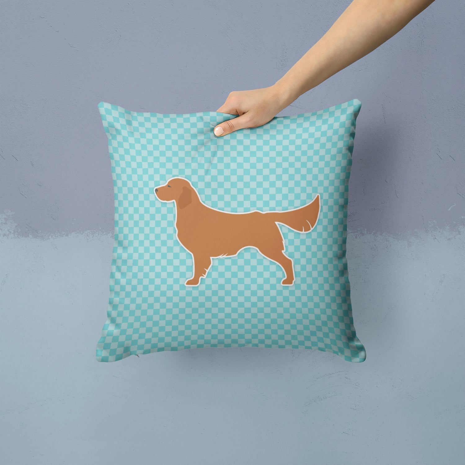 Golden Retriever  Checkerboard Blue Decorative Throw Pillow 14x14 Indoor Outdoor Accent Cushion, Fabric Cover with Insert for Sofa, Bed, Porch & Living Room