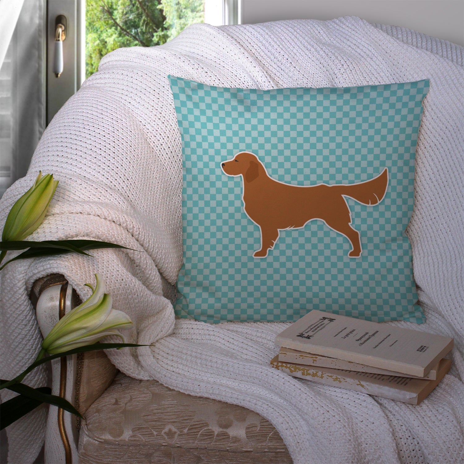 Golden Retriever  Checkerboard Blue Decorative Throw Pillow 14x14 Indoor Outdoor Accent Cushion, Fabric Cover with Insert for Sofa, Bed, Porch & Living Room