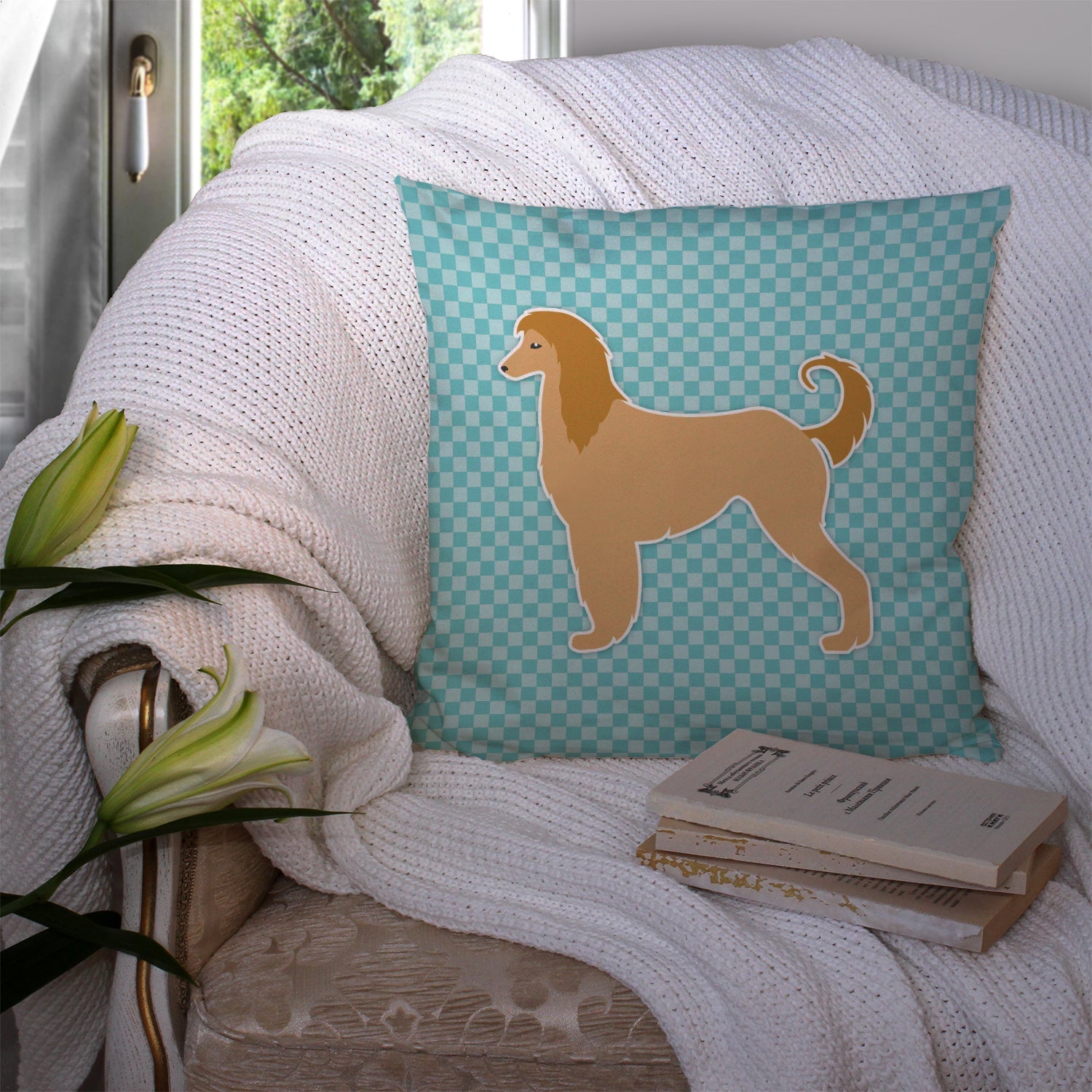 Afghan Hound  Checkerboard Blue Decorative Throw Pillow 14x14 Indoor Outdoor Accent Cushion, Fabric Cover with Insert for Sofa, Bed, Porch & Living Room