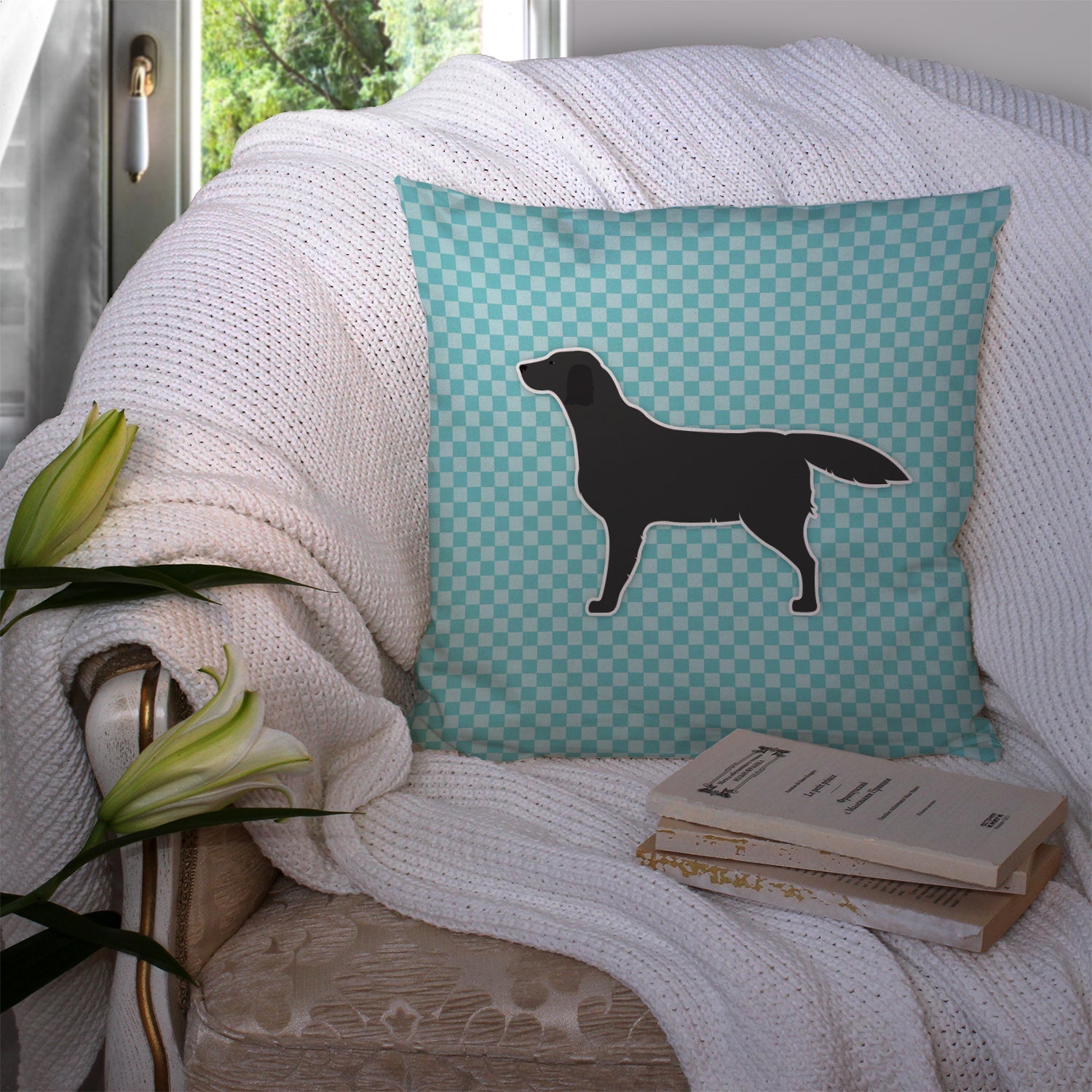 Black Labrador Retriever  Checkerboard Blue Decorative Throw Pillow 14x14 Indoor Outdoor Accent Cushion, Fabric Cover with Insert for Sofa, Bed, Porch & Living Room
