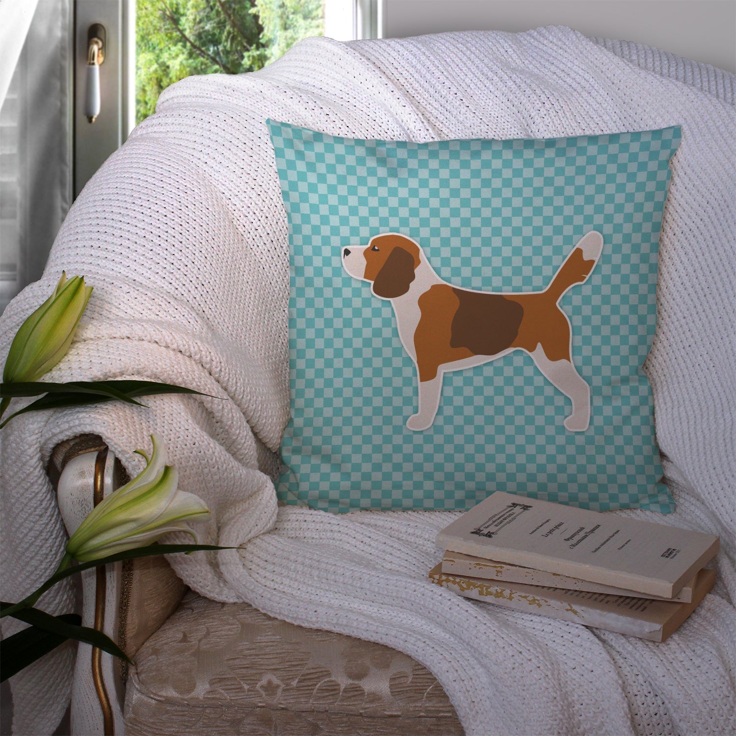 Beagle Checkerboard Blue Decorative Throw Pillow 14x14 Indoor Outdoor Accent Cushion, Fabric Cover with Insert for Sofa, Bed, Porch & Living Room
