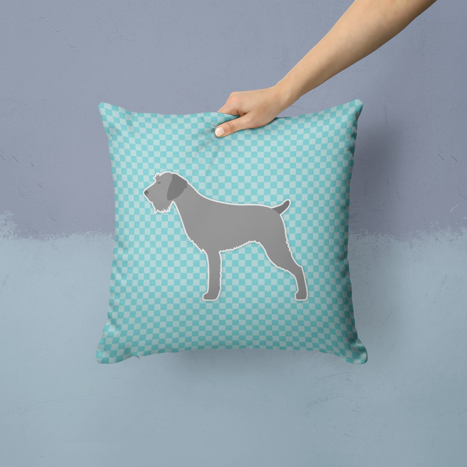 German Wirehaired Pointer Checkerboard Blue Decorative Throw Pillow 14x14 Indoor Outdoor Accent Cushion, Fabric Cover with Insert for Sofa, Bed, Porch & Living Room