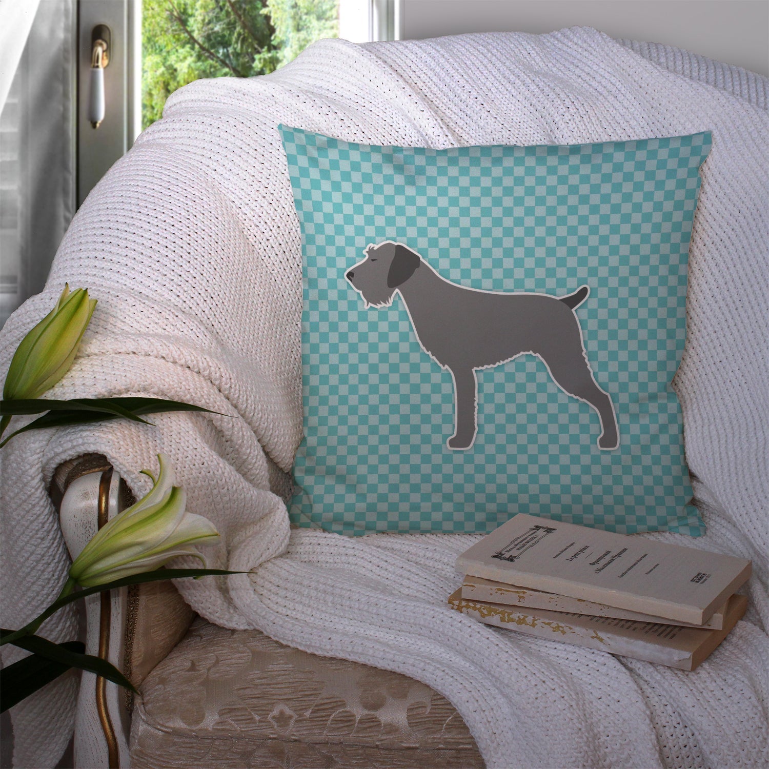 German Wirehaired Pointer Checkerboard Blue Decorative Throw Pillow 14x14 Indoor Outdoor Accent Cushion, Fabric Cover with Insert for Sofa, Bed, Porch & Living Room