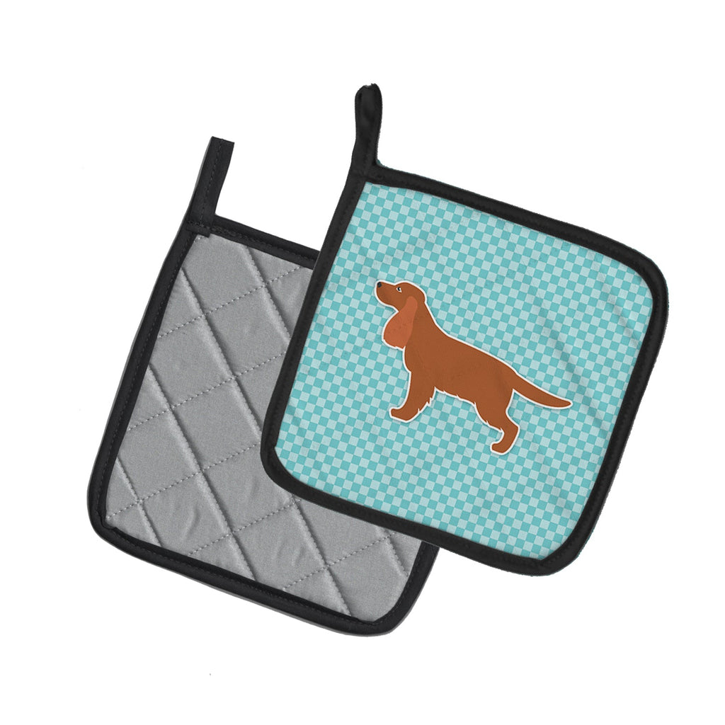 English Cocker Spaniel Checkerboard Blue Pot Holder Set of 2 Heat Resistant Quilted Hot Pads 7.5 x 7.5 Inch, Insulated Kitchen Trivets for Cooking & Baking