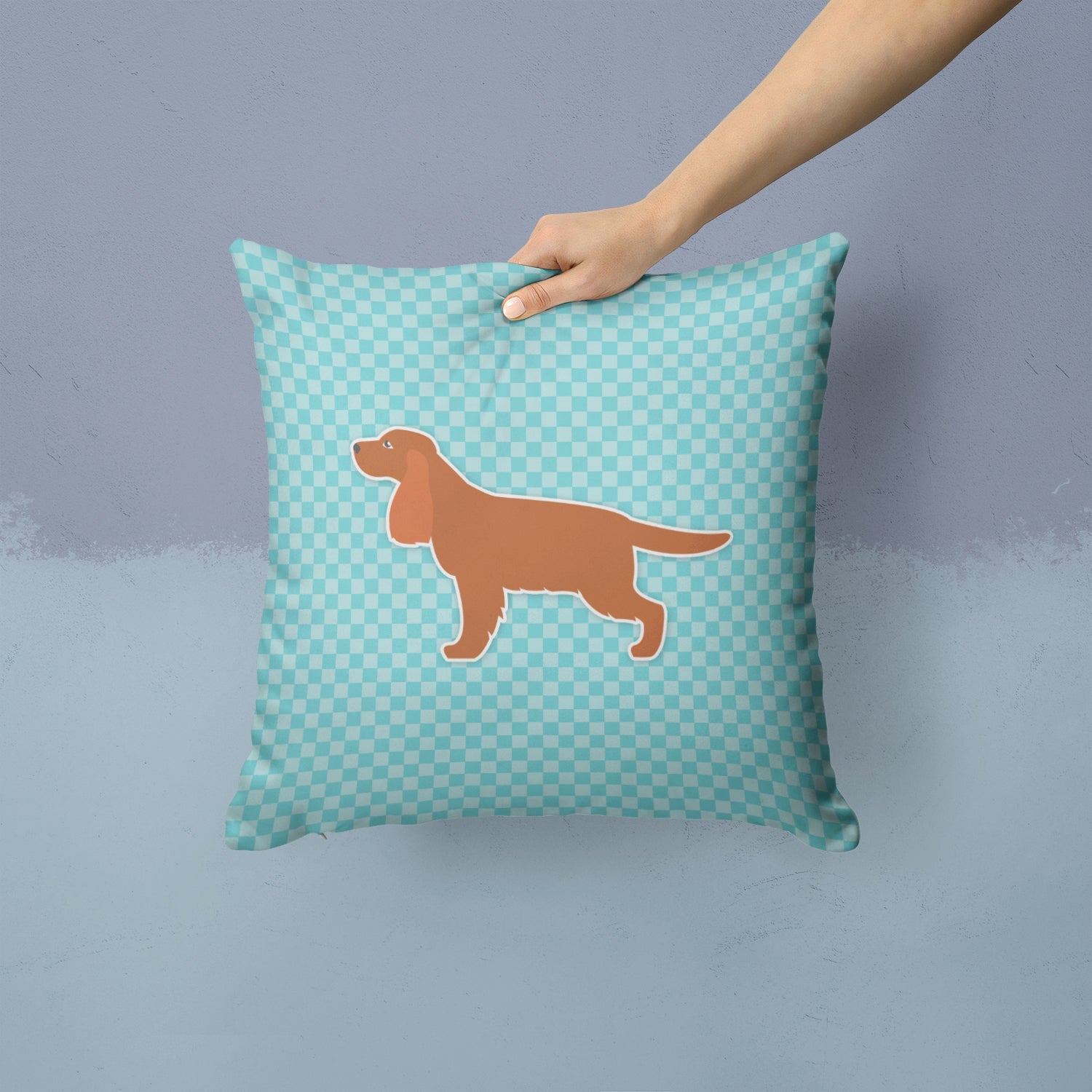 English Cocker Spaniel Checkerboard Blue Decorative Throw Pillow 14x14 Indoor Outdoor Accent Cushion, Fabric Cover with Insert for Sofa, Bed, Porch & Living Room