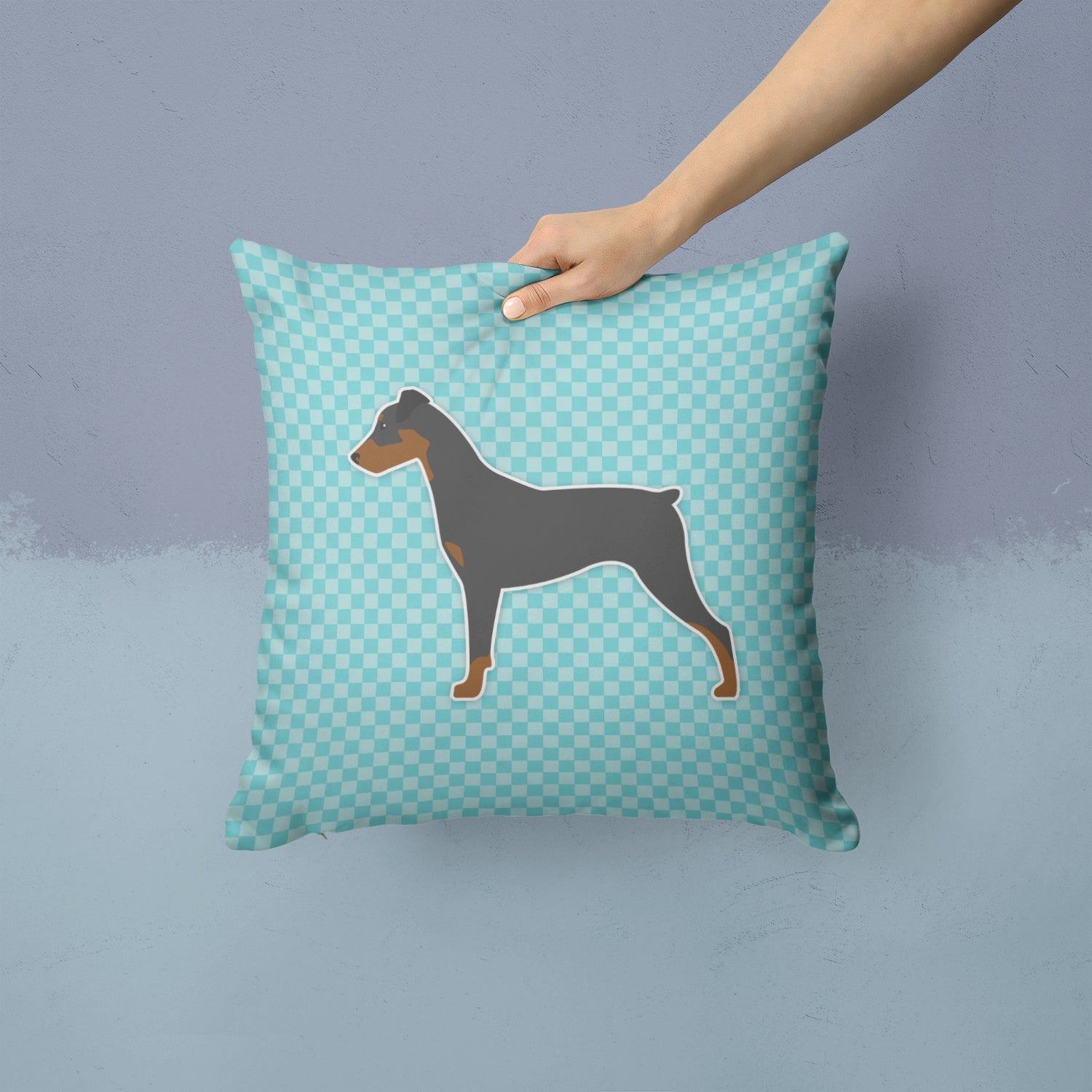 German Pinscher Checkerboard Blue Decorative Throw Pillow 14x14 Indoor Outdoor Accent Cushion, Fabric Cover with Insert for Sofa, Bed, Porch & Living Room