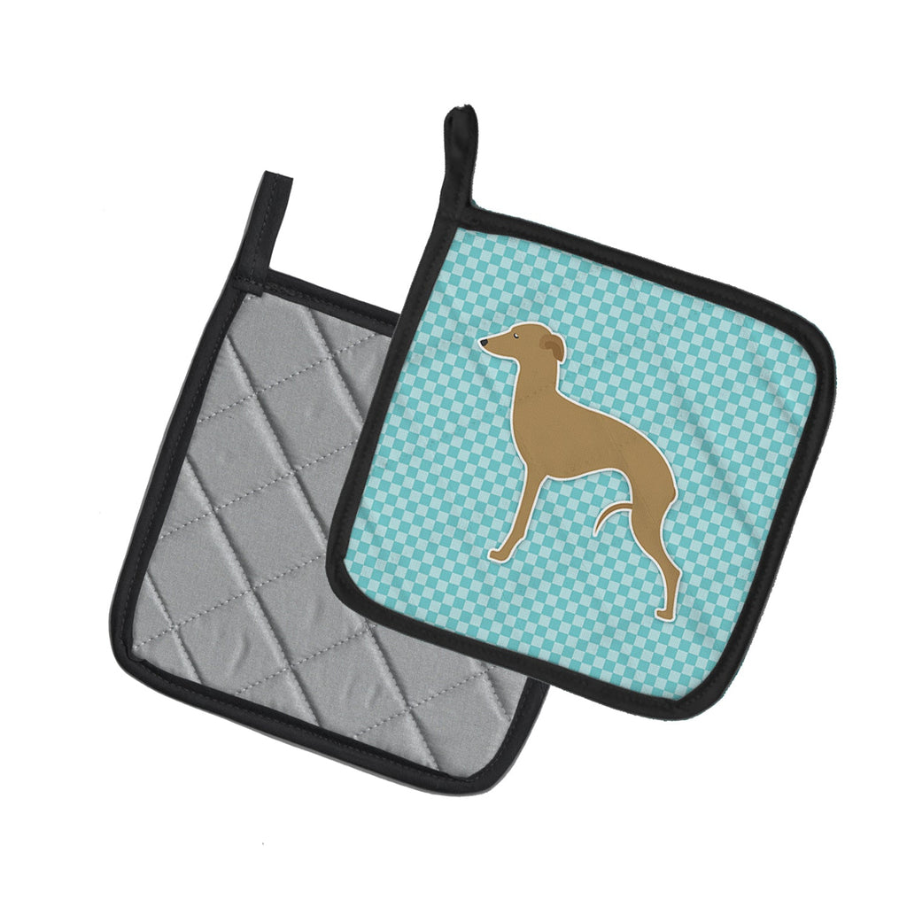 Italian Greyhound Checkerboard Blue Pot Holder Set of 2 Heat Resistant Quilted Hot Pads 7.5 x 7.5 Inch, Insulated Kitchen Trivets for Cooking & Baking