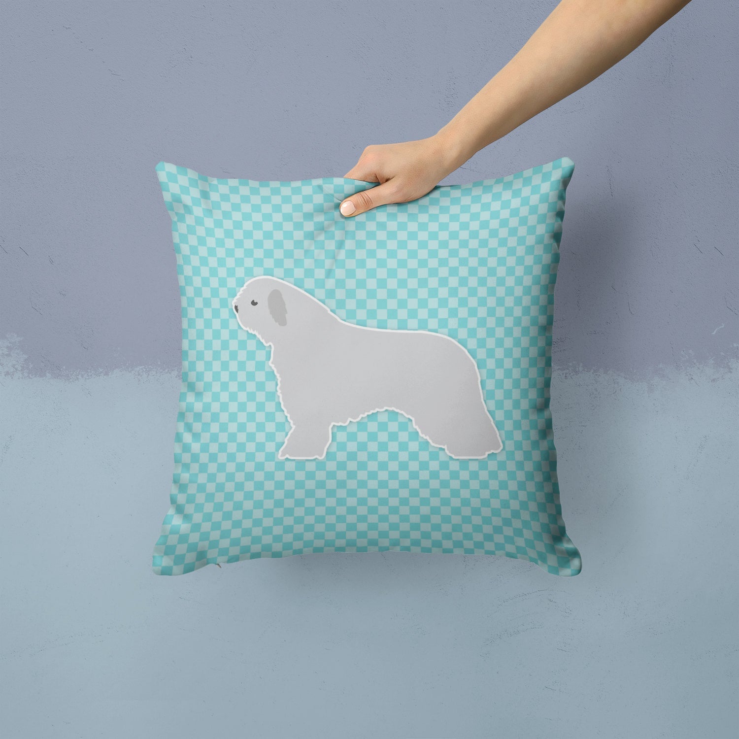 Spanish Water Dog Checkerboard Blue Decorative Throw Pillow 14x14 Indoor Outdoor Accent Cushion, Fabric Cover with Insert for Sofa, Bed, Porch & Living Room