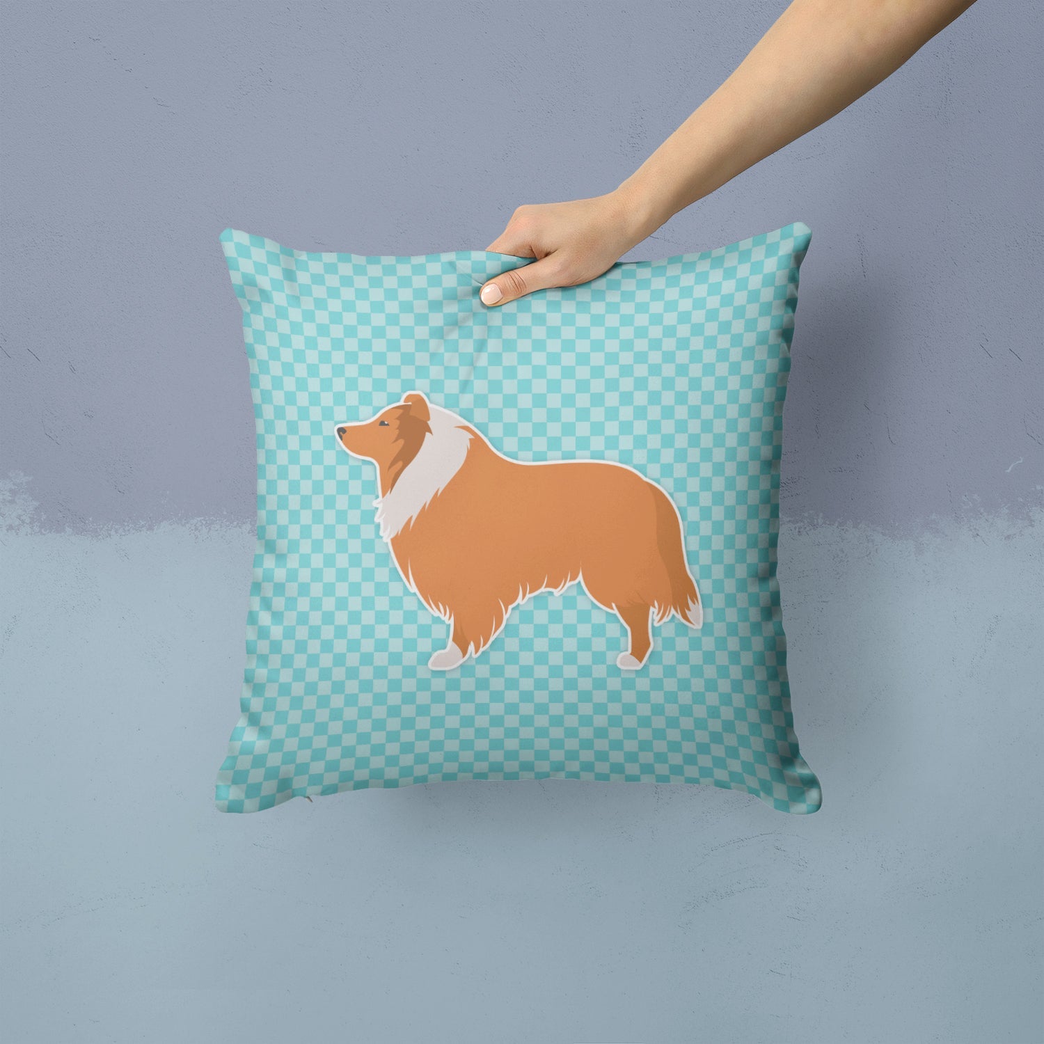 Collie Checkerboard Blue Decorative Throw Pillow 14x14 Indoor Outdoor Accent Cushion, Fabric Cover with Insert for Sofa, Bed, Porch & Living Room