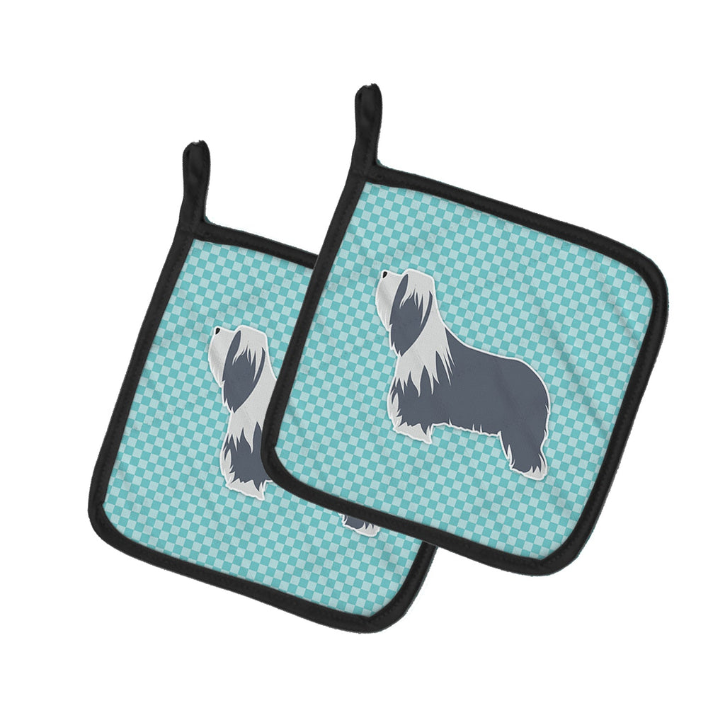 Bearded Collie Checkerboard Blue Pot Holder Set of 2 Heat Resistant Quilted Hot Pads 7.5 x 7.5 Inch, Insulated Kitchen Trivets for Cooking & Baking