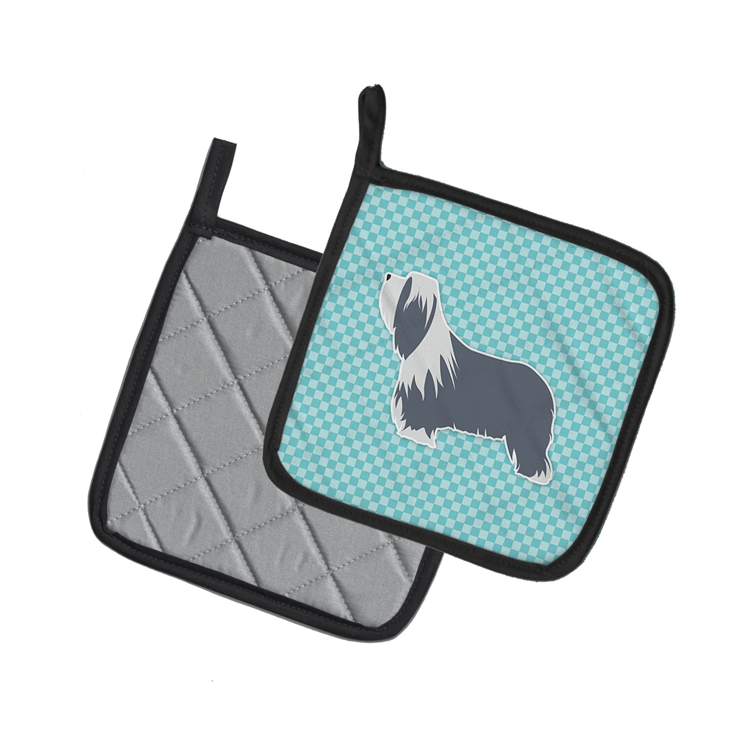 Bearded Collie Checkerboard Blue Pot Holder Set of 2 Heat Resistant Quilted Hot Pads 7.5 x 7.5 Inch, Insulated Kitchen Trivets for Cooking & Baking