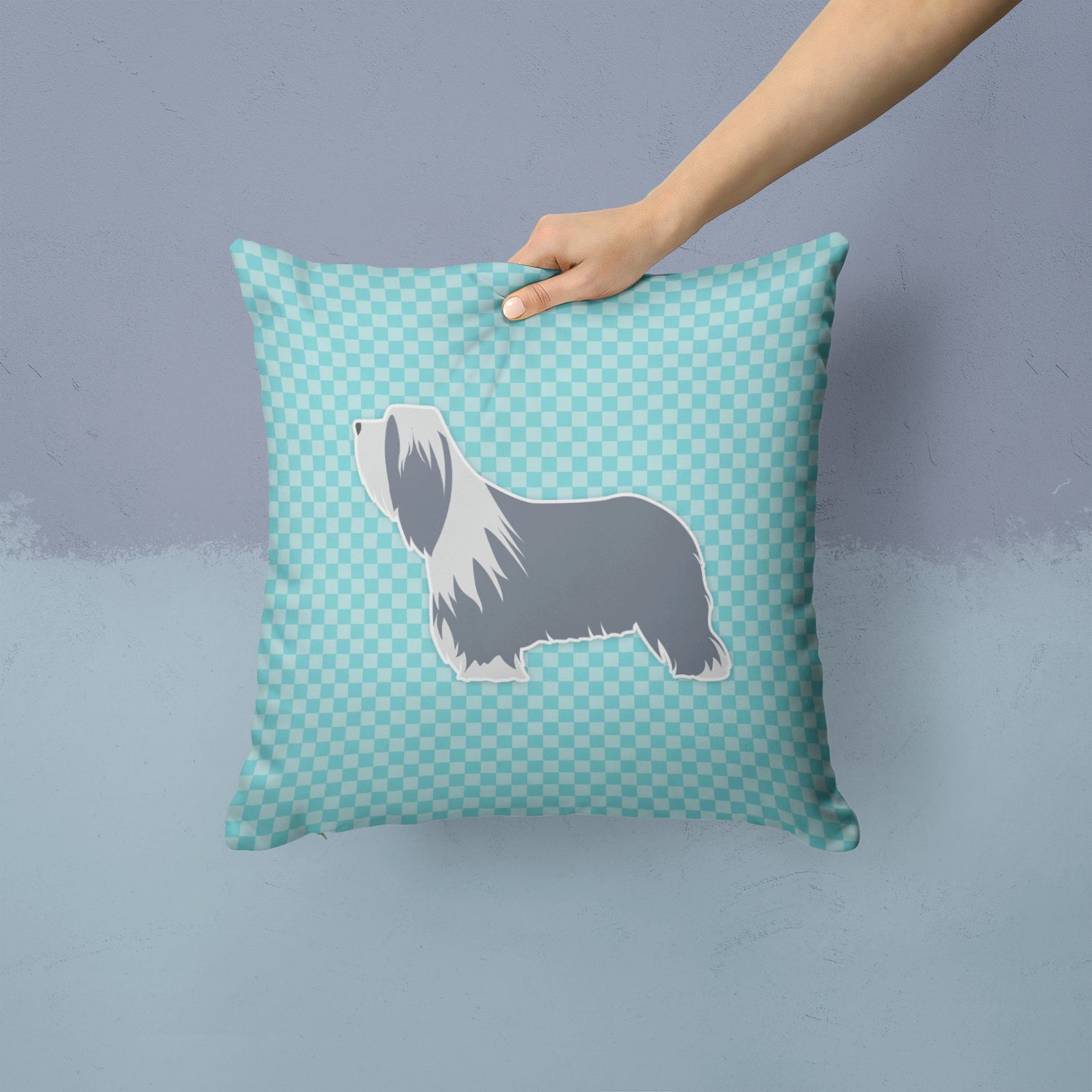 Bearded Collie Checkerboard Blue Decorative Throw Pillow 14x14 Indoor Outdoor Accent Cushion, Fabric Cover with Insert for Sofa, Bed, Porch & Living Room