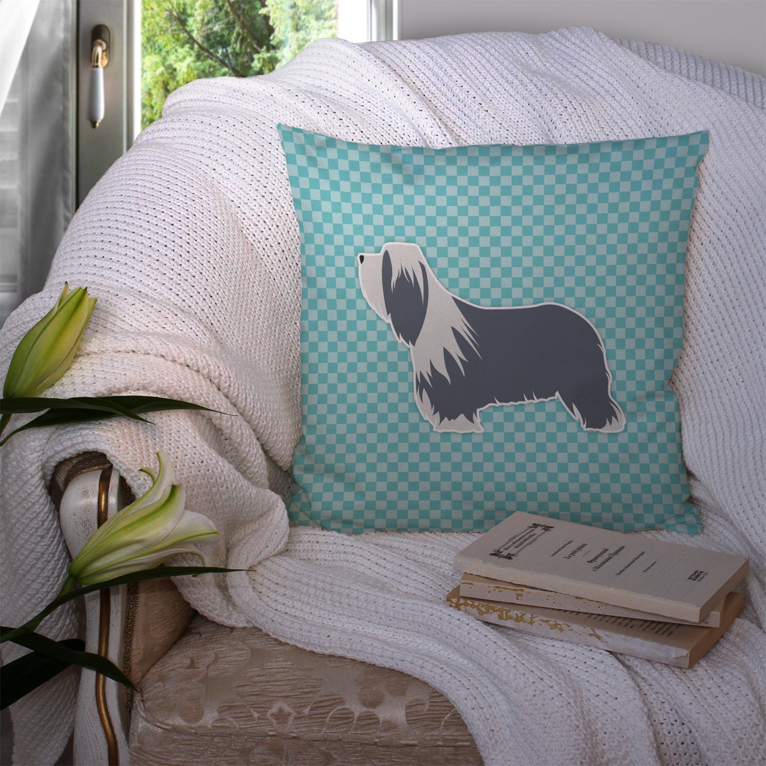 Bearded Collie Checkerboard Blue Decorative Throw Pillow 14x14 Indoor Outdoor Accent Cushion, Fabric Cover with Insert for Sofa, Bed, Porch & Living Room