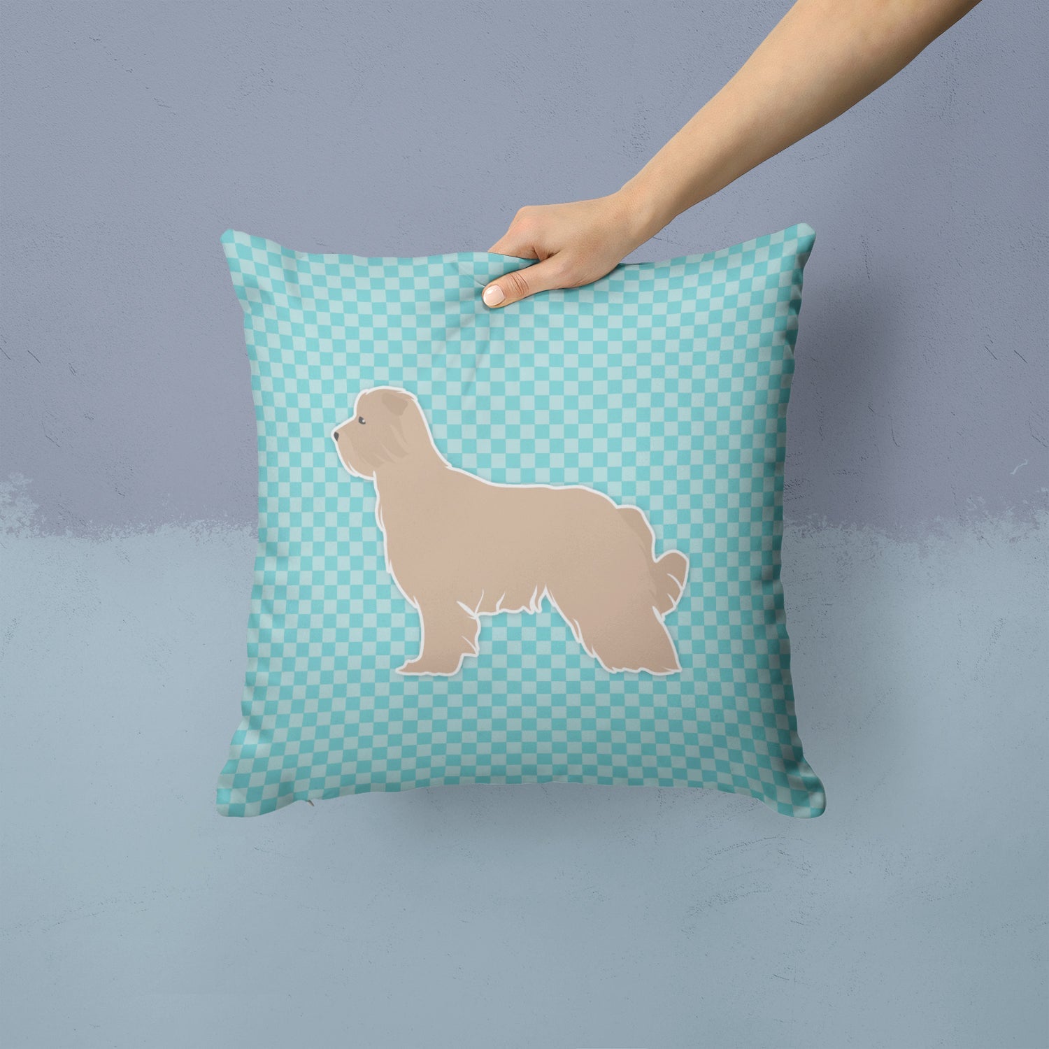 Pyrenean Shepherd Checkerboard Blue Decorative Throw Pillow 14x14 Indoor Outdoor Accent Cushion, Fabric Cover with Insert for Sofa, Bed, Porch & Living Room